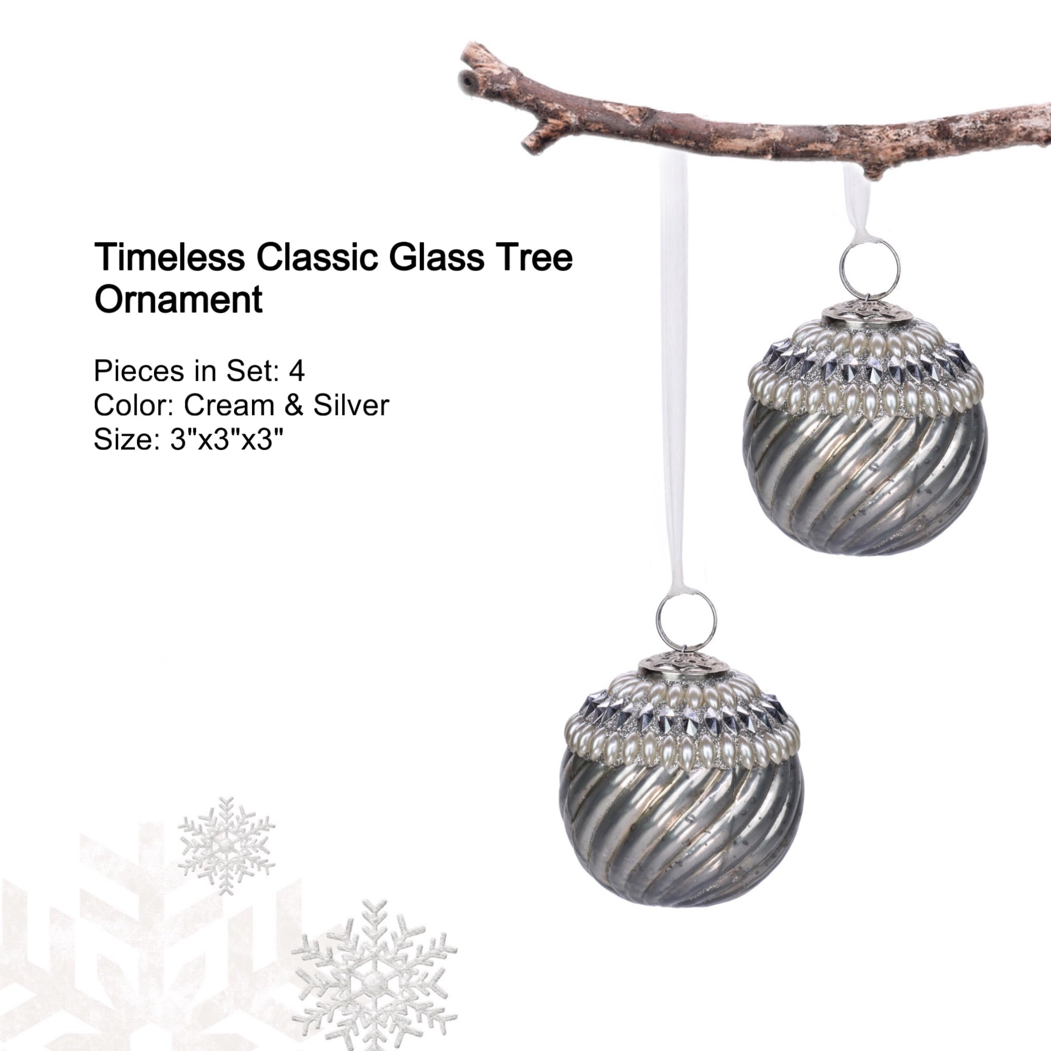 Timeless Christmas Tree Ornament in Cream & Silver, Set of 4