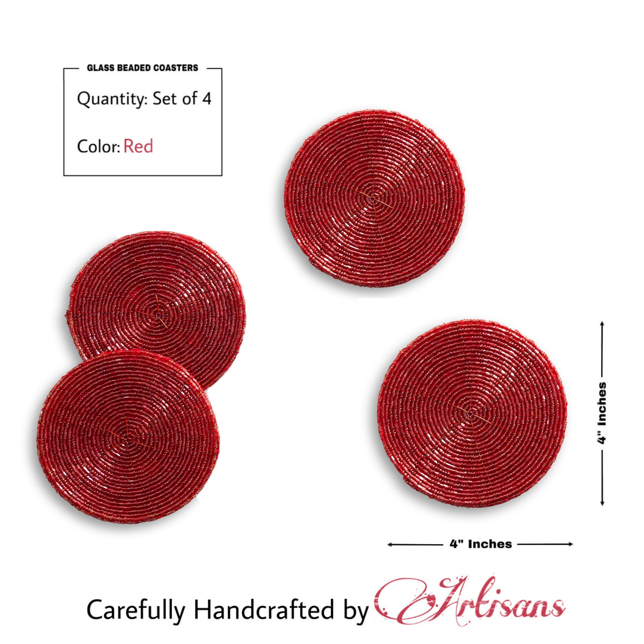 Glass Bead Coaster in Red, Set of 4