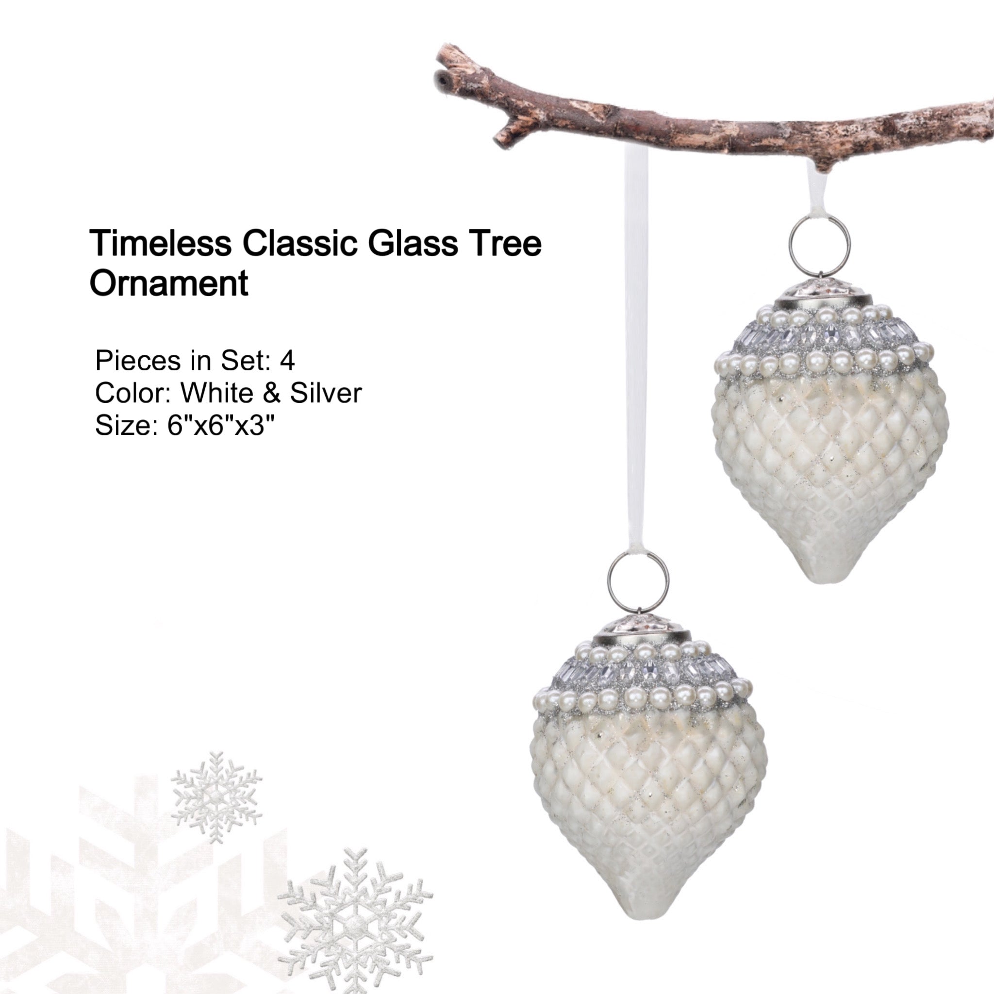 Timeless Classic Glass Tree Ornament in White & Silver, Boxed Set of 4