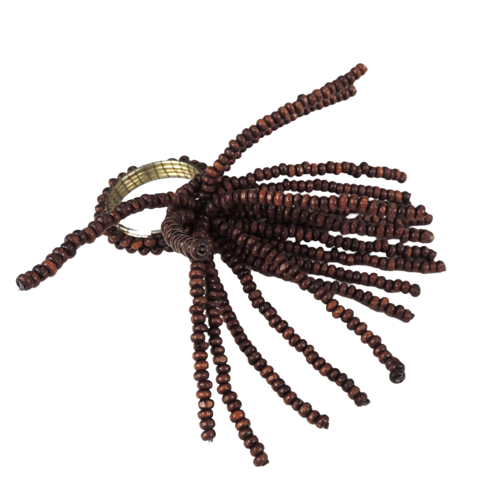 Tasseled Wooden Bead Napkin Ring in Dark Brown, Set of 4