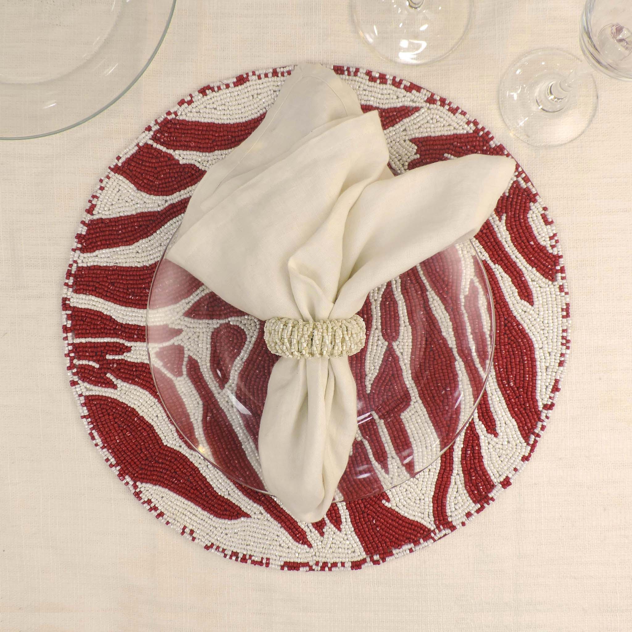 Modern Camo Glass Bead Embroidered Placemat in Red & White, Set of 2/4