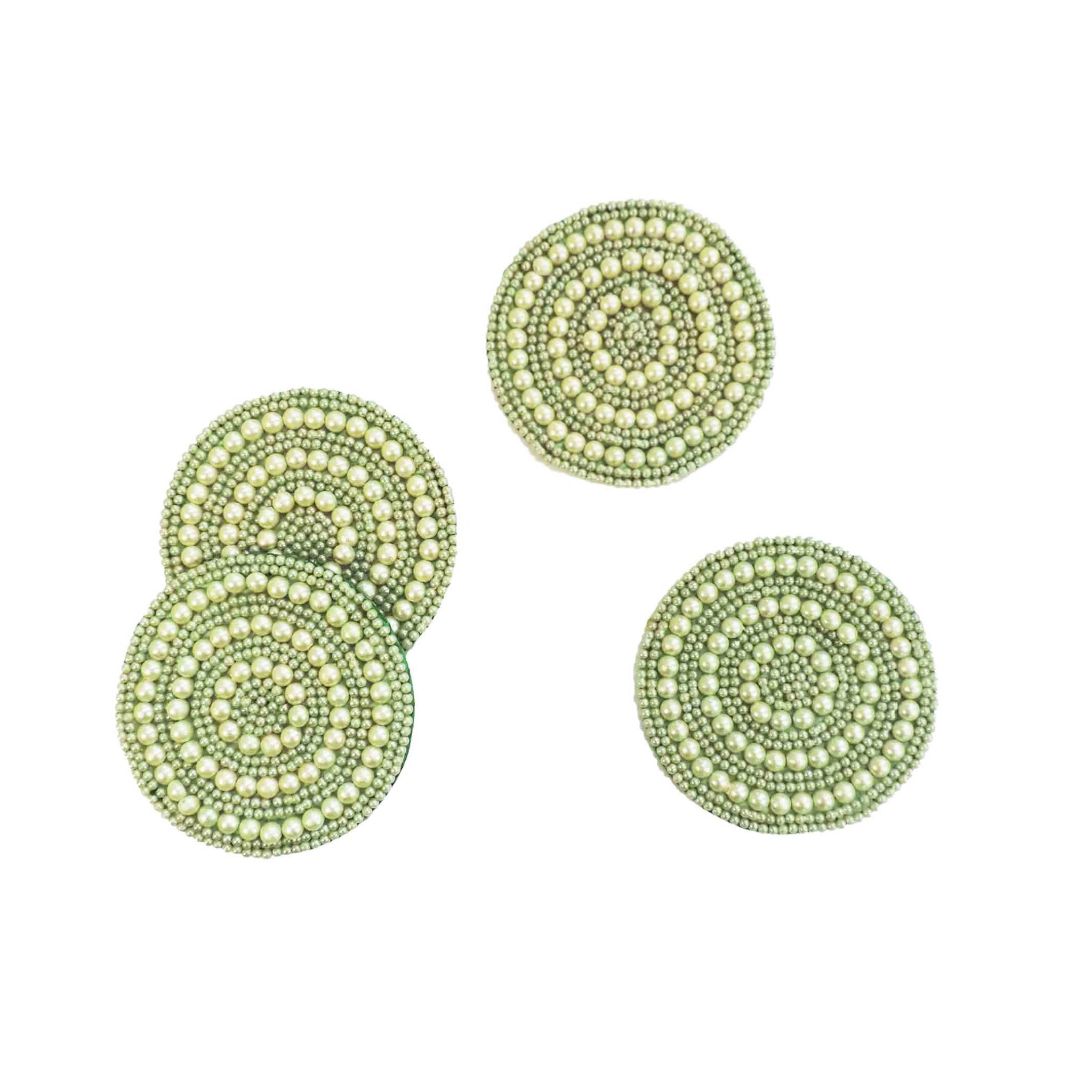 Full Circle Bead Embroidered Coaster in Light Green, Set of 4