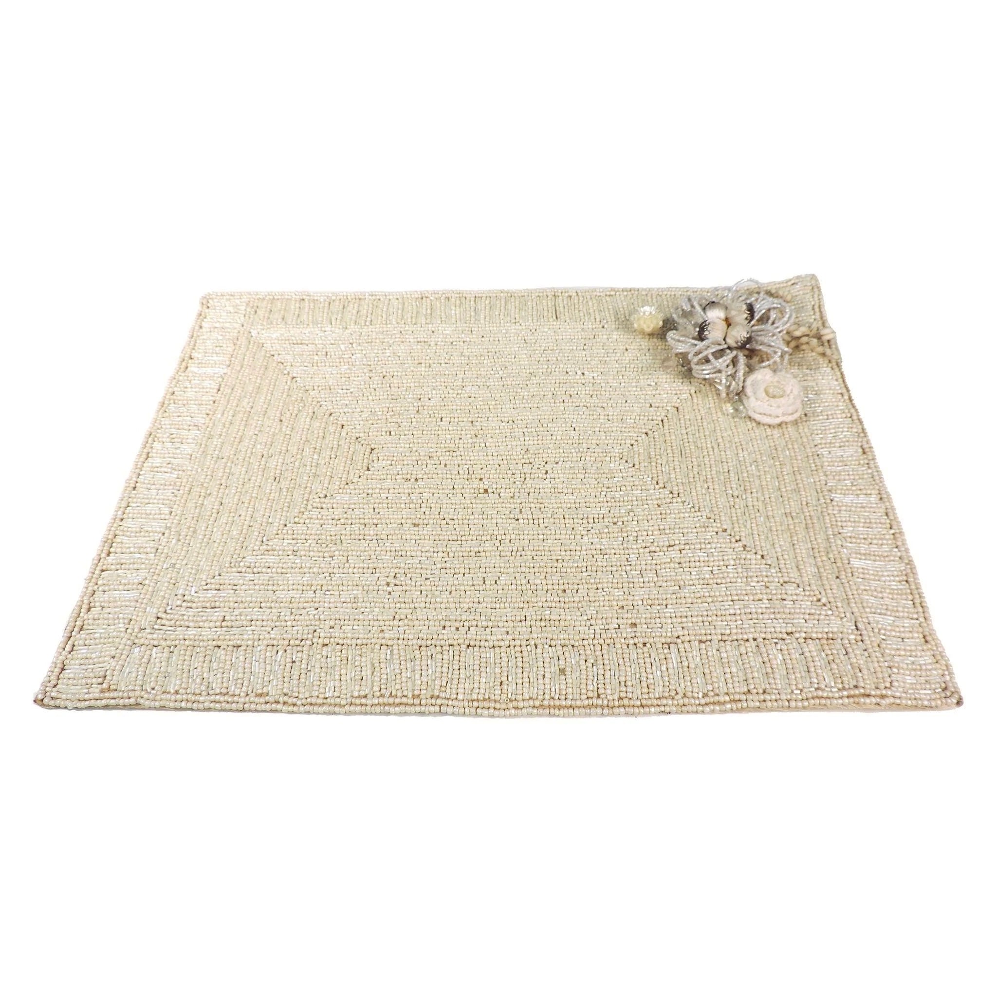 Handmade Bead Placemat with Flower in Beige, Set of 2