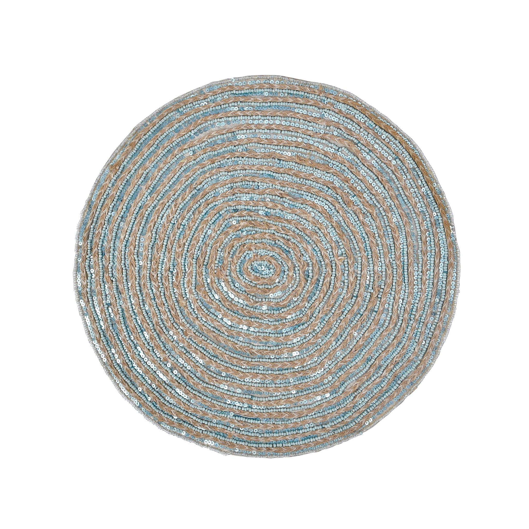 Braided Natural Jute Beaded Placemat in Teal, Set of 2