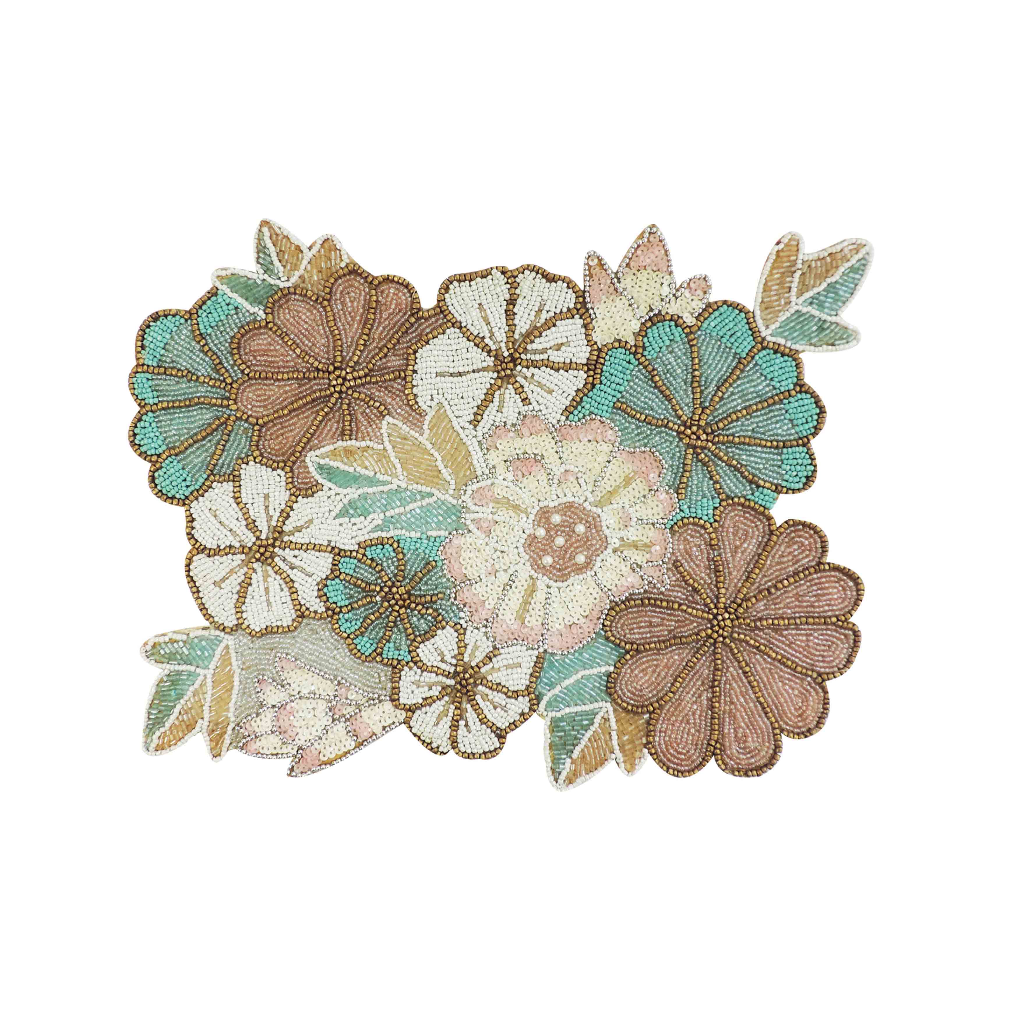 Autumn Blooms Beaded Placemat in Teal & Grey, Set of 2