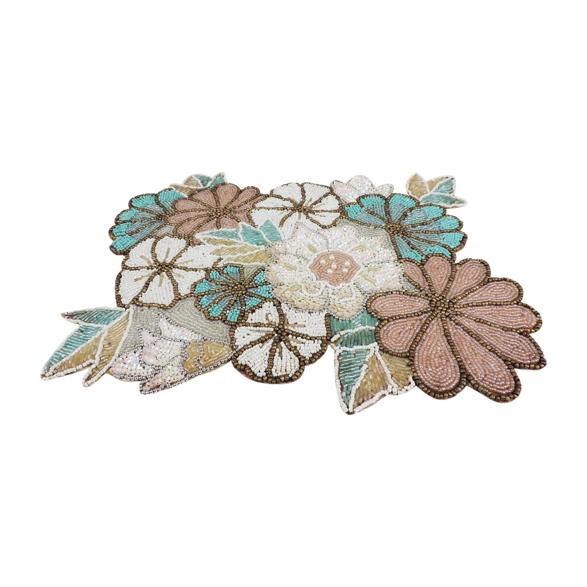 Autumn Blooms Beaded Placemat in Teal & Grey, Set of 2