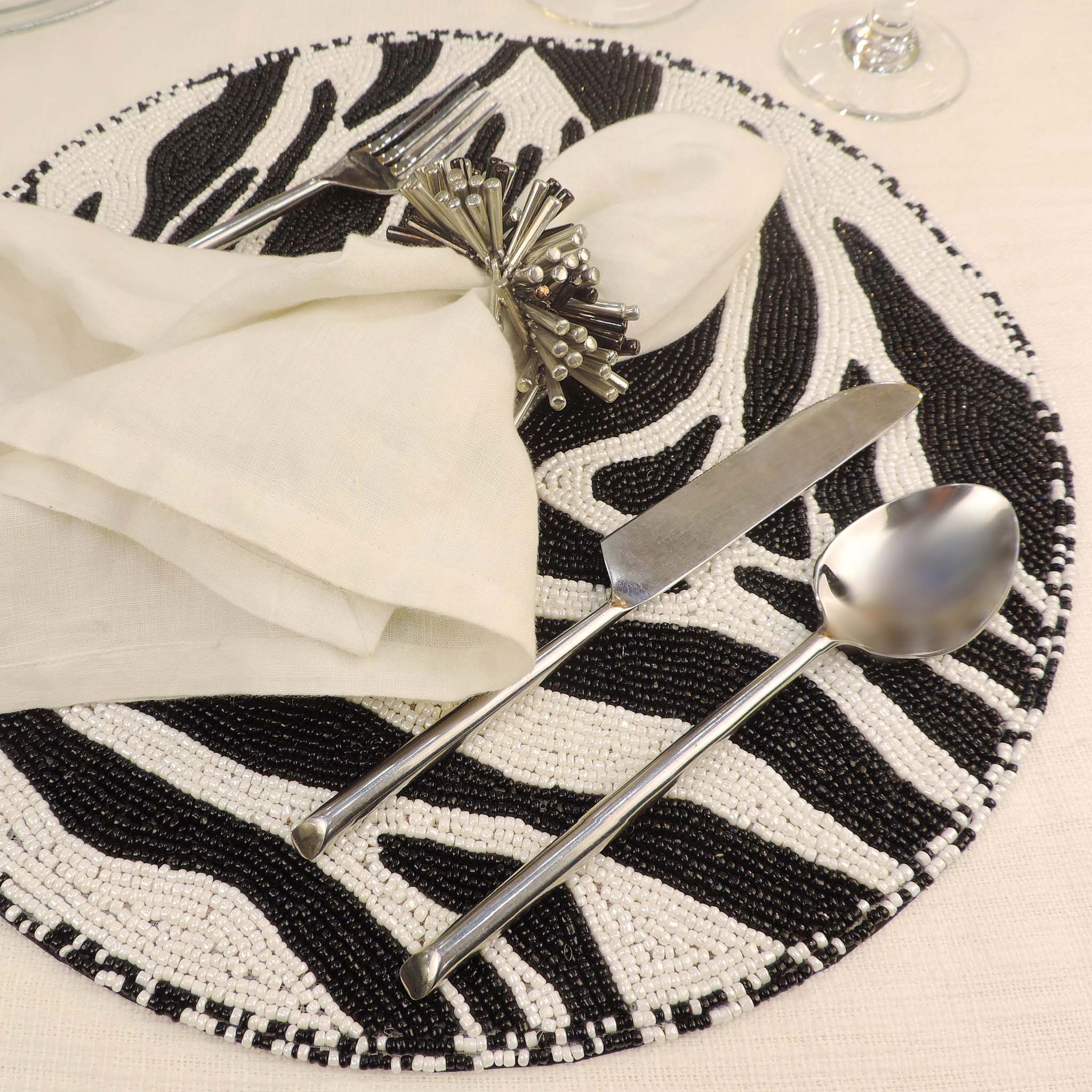 Modern Camo Glass Beaded Placemat in Black & White, Set of 2