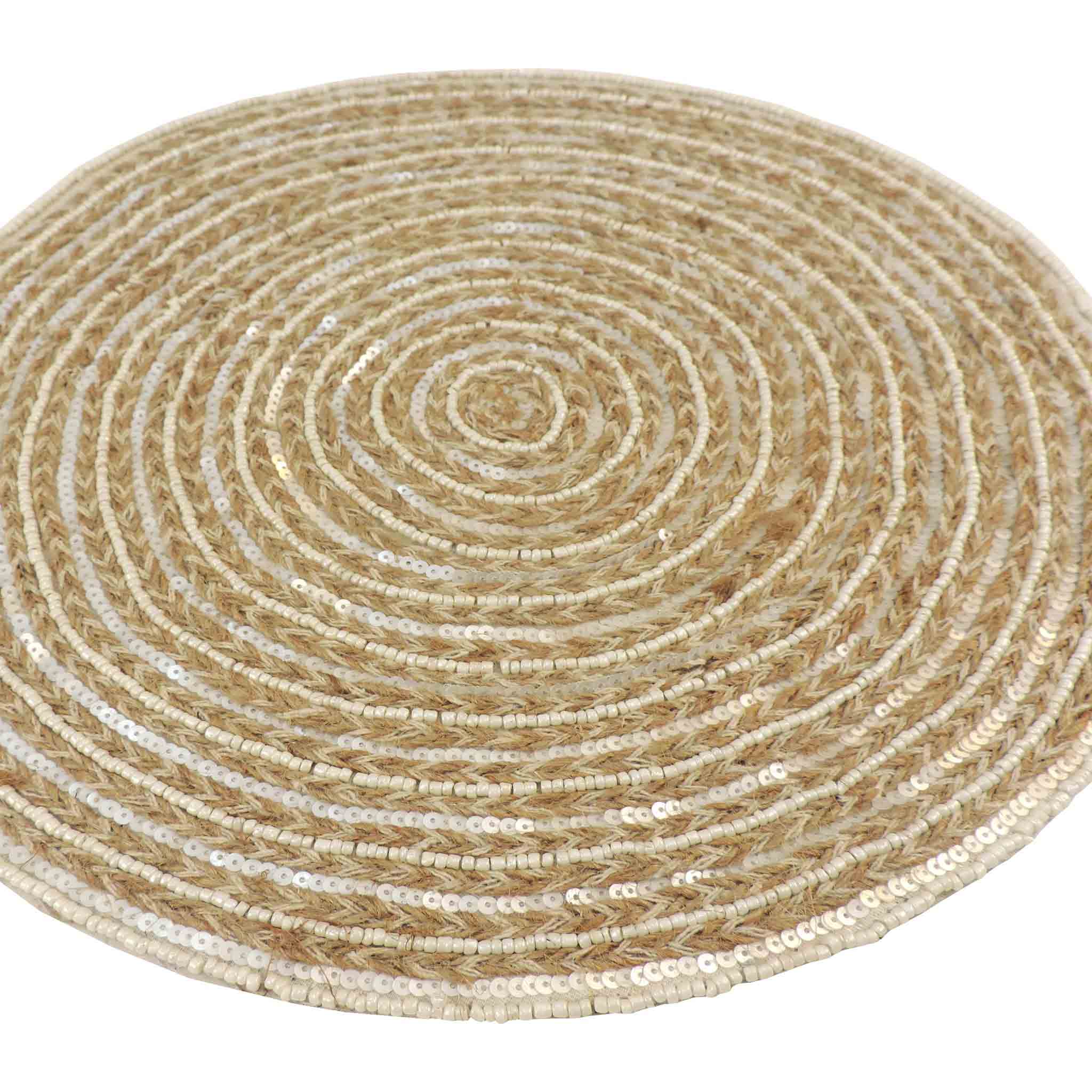 Braided Natural Jute Beaded Placemat in Beige, Set of 2