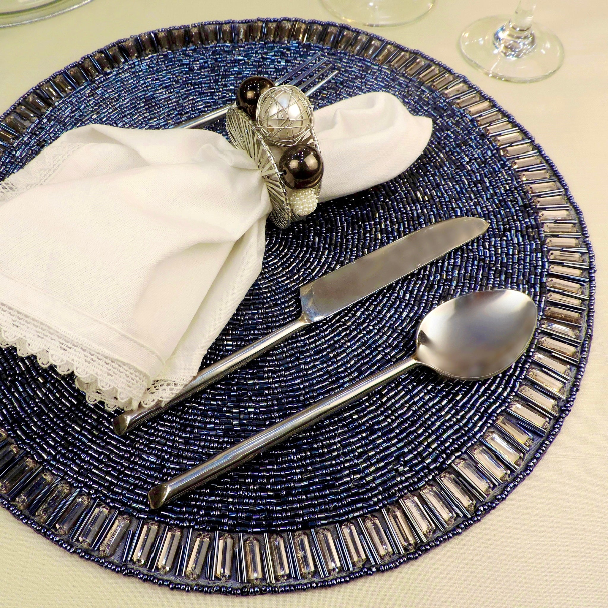 Glam Crystal Beaded Placemat in Luster Blue, Set of 2