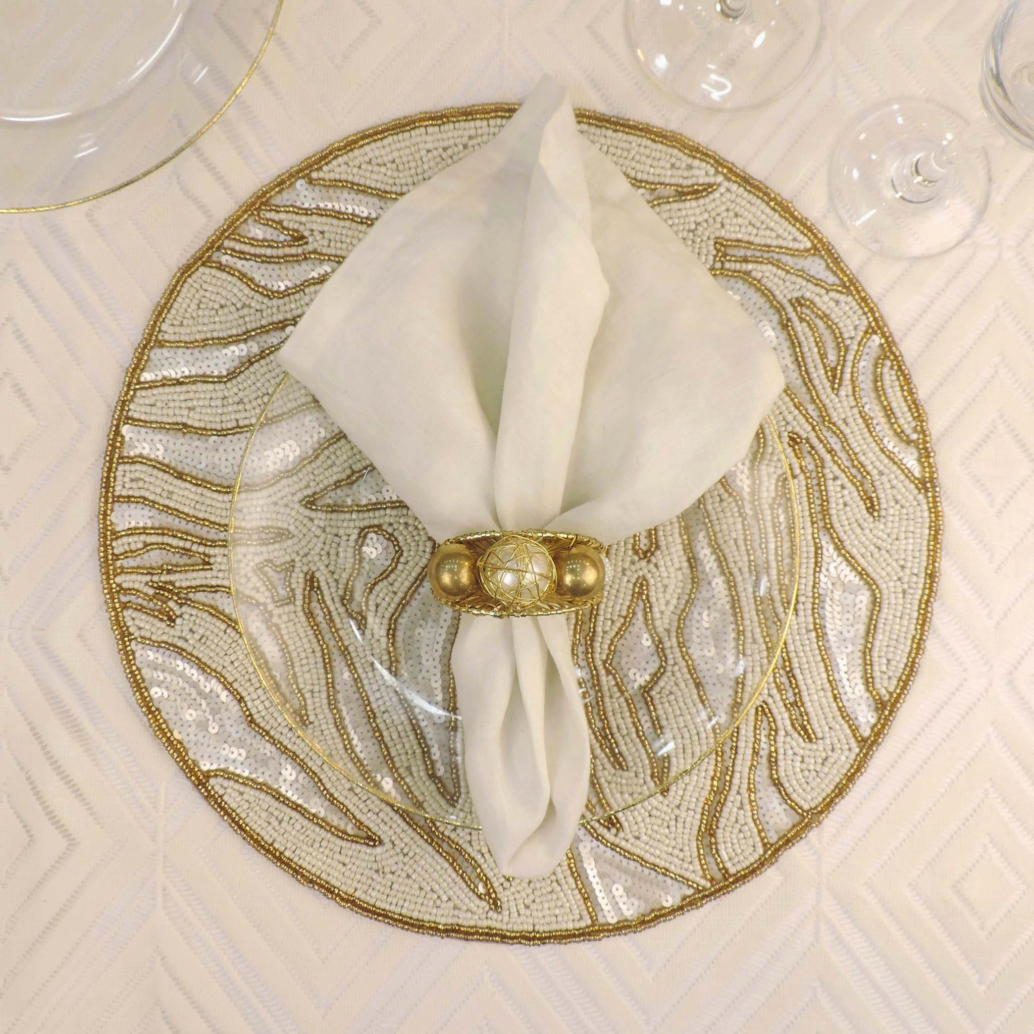 Modern Camo Glass Beaded Placemat in Cream & Gold, Set of 2