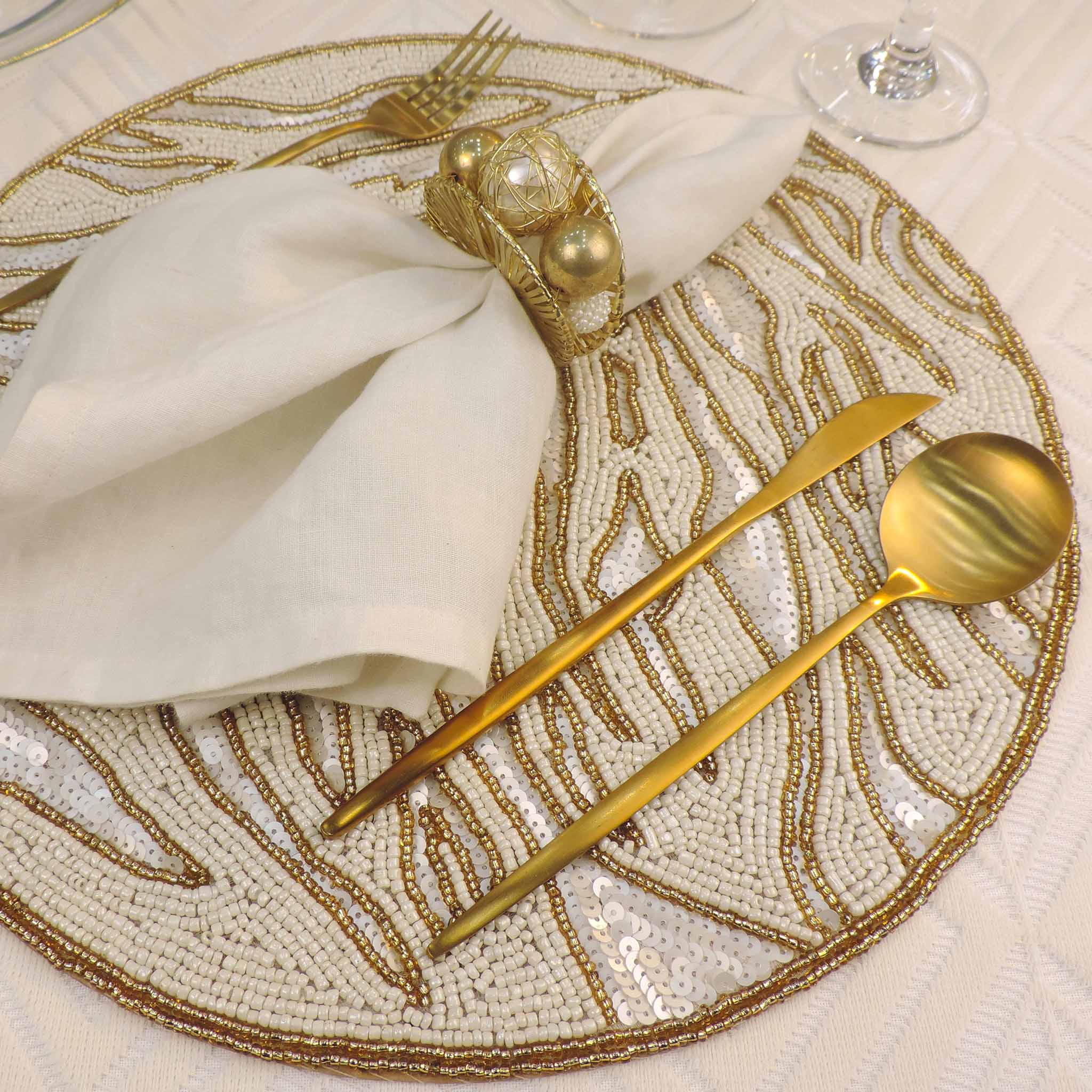 Modern Camo Glass Beaded Placemat in Cream & Gold, Set of 2