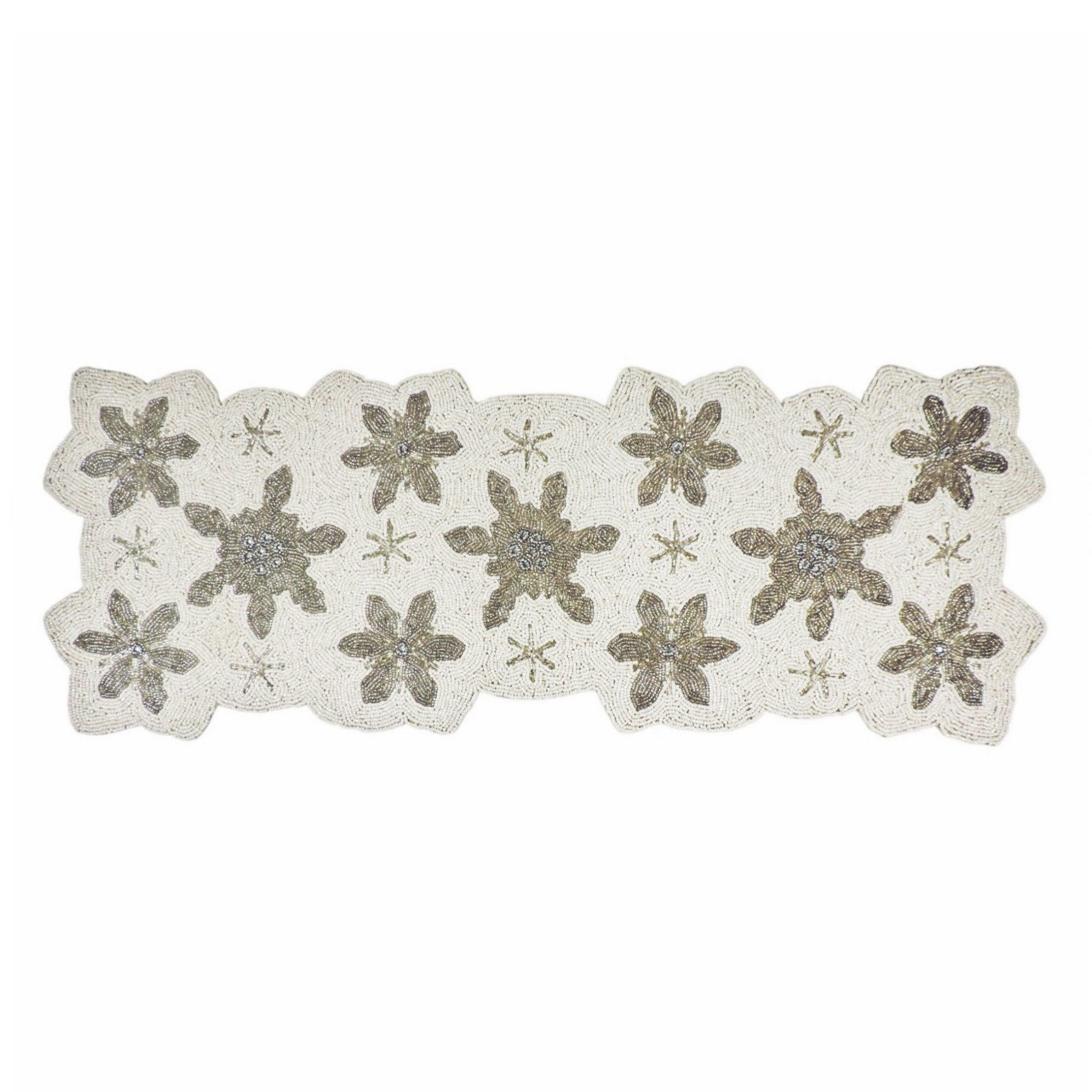 Let It Snow Beaded Winter Table Runner in White & Silver