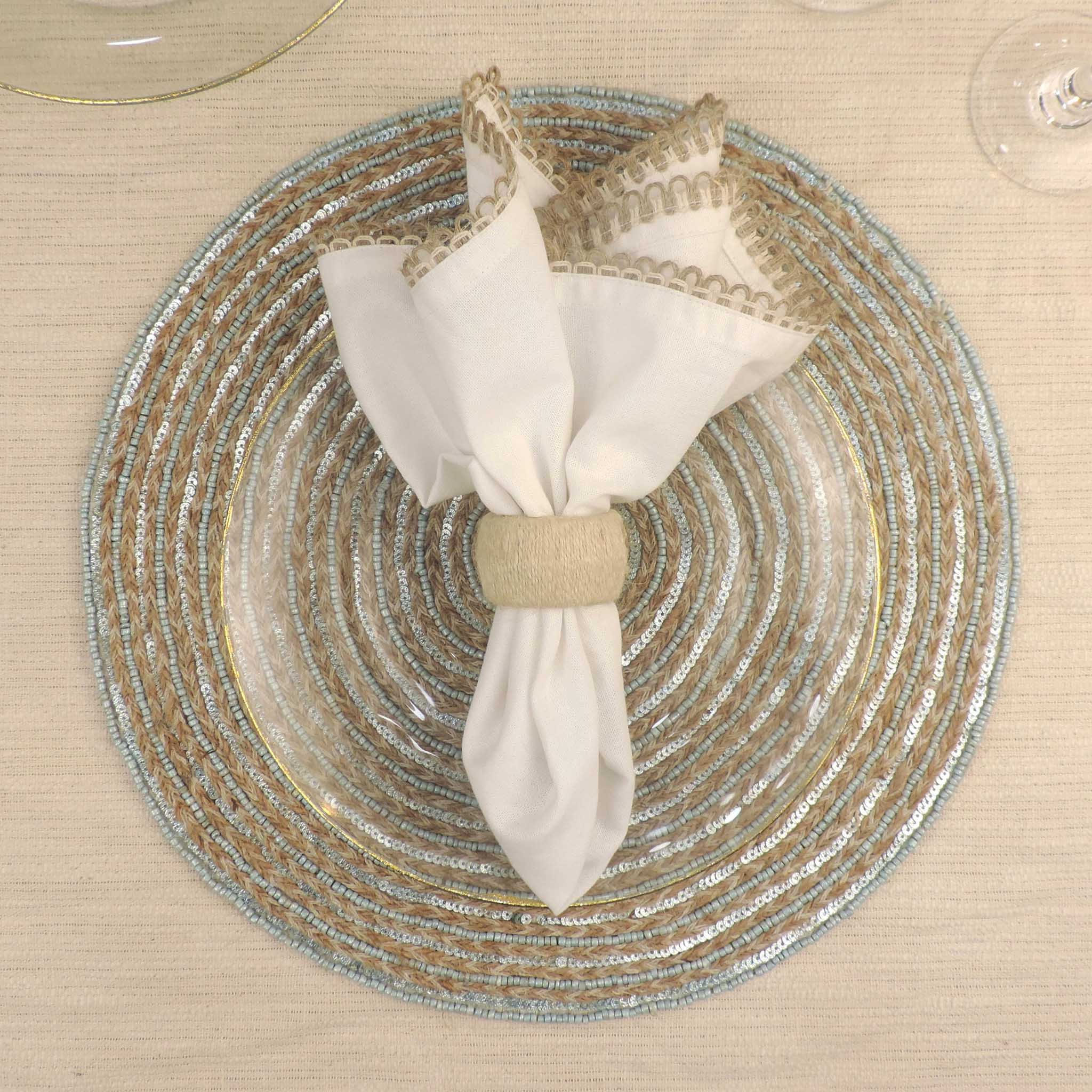 Jute Embroidered Placemat in Teal & Natural, Set of 2/4