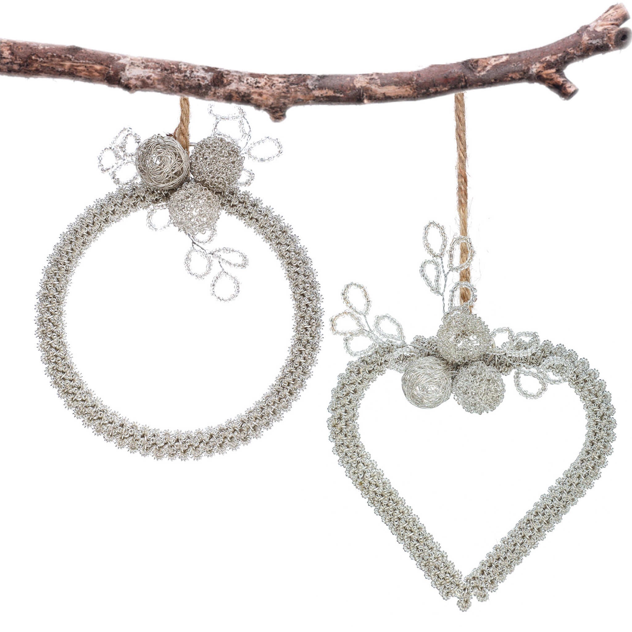 Soul Mates Beaded Heart & Wreath Hanging in Silver, Set of 2