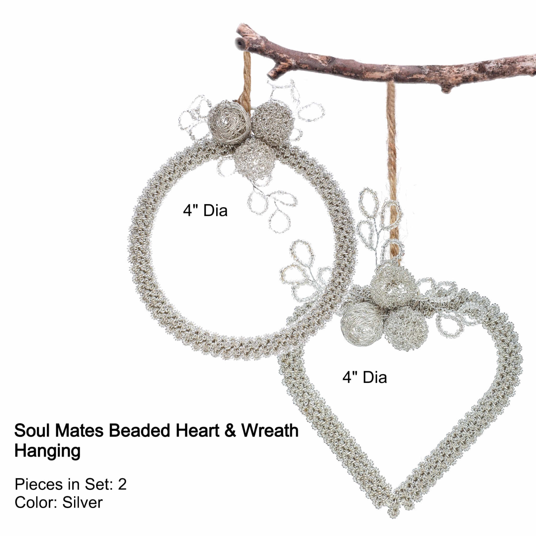 Soul Mates Beaded Heart & Wreath Hanging in Silver, Set of 2