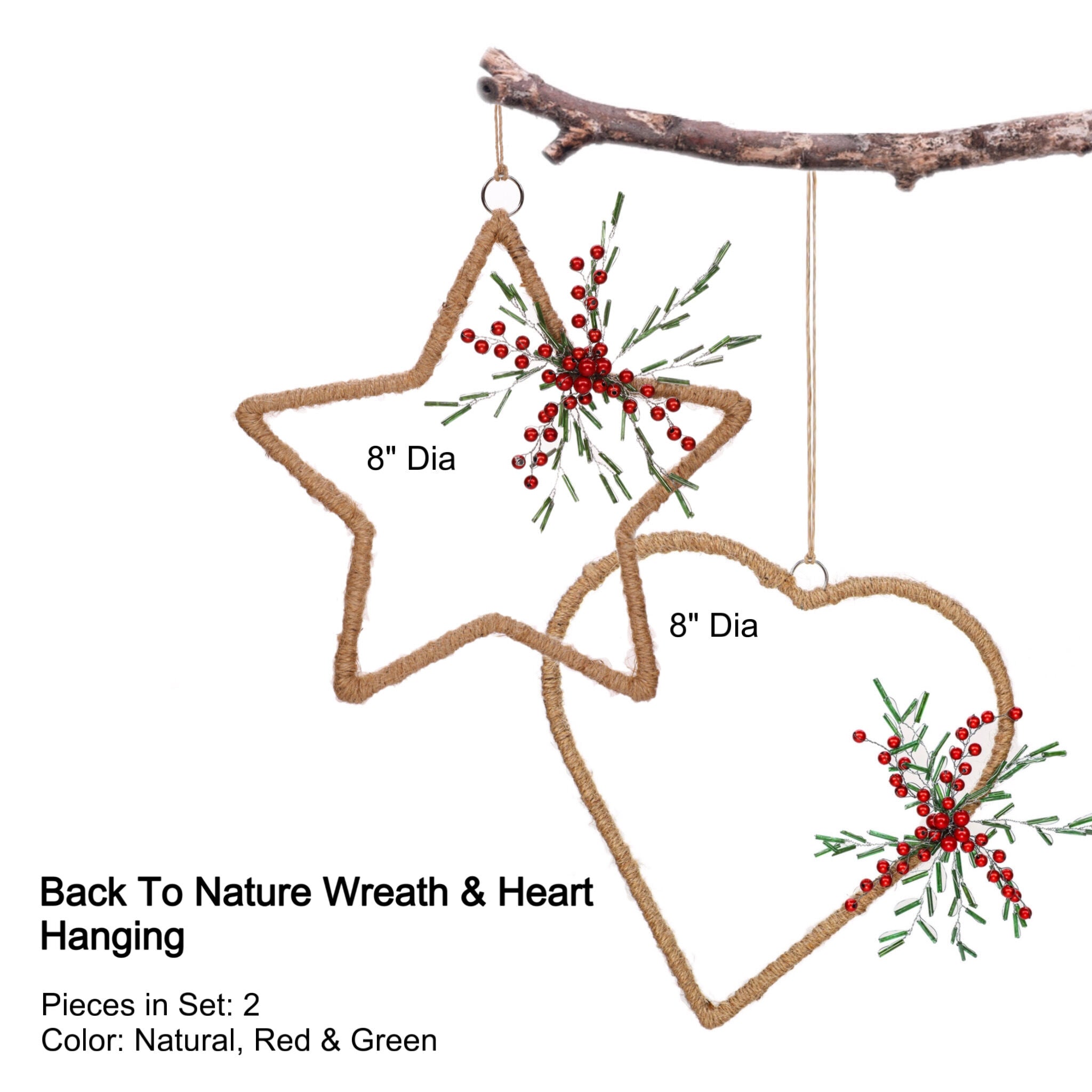 Back To Nature Wreath & Heart Hanging in Natural, Red & Green, Set of 2
