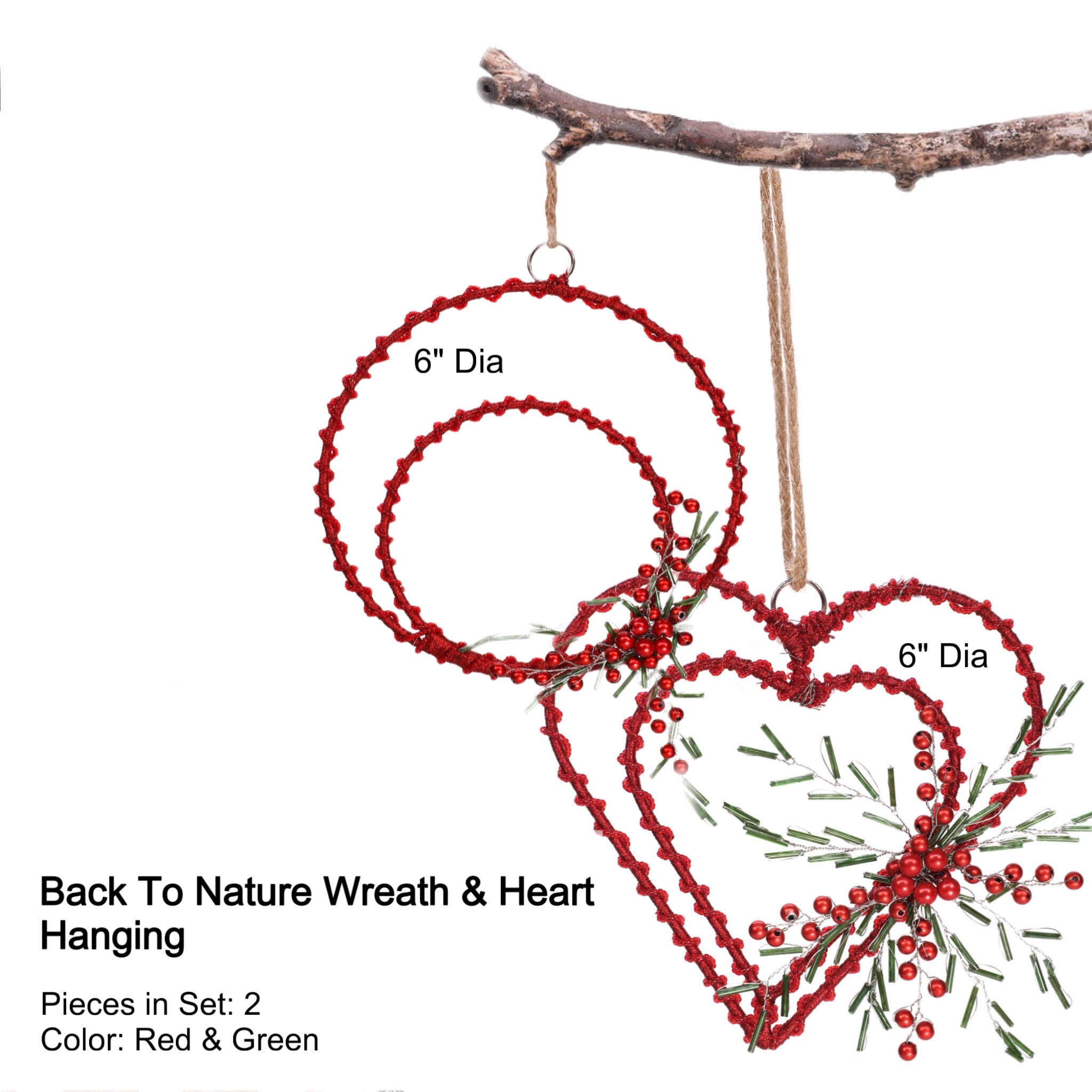 Back To Nature Wreath & Heart Hanging in Red & Green, Set of 2