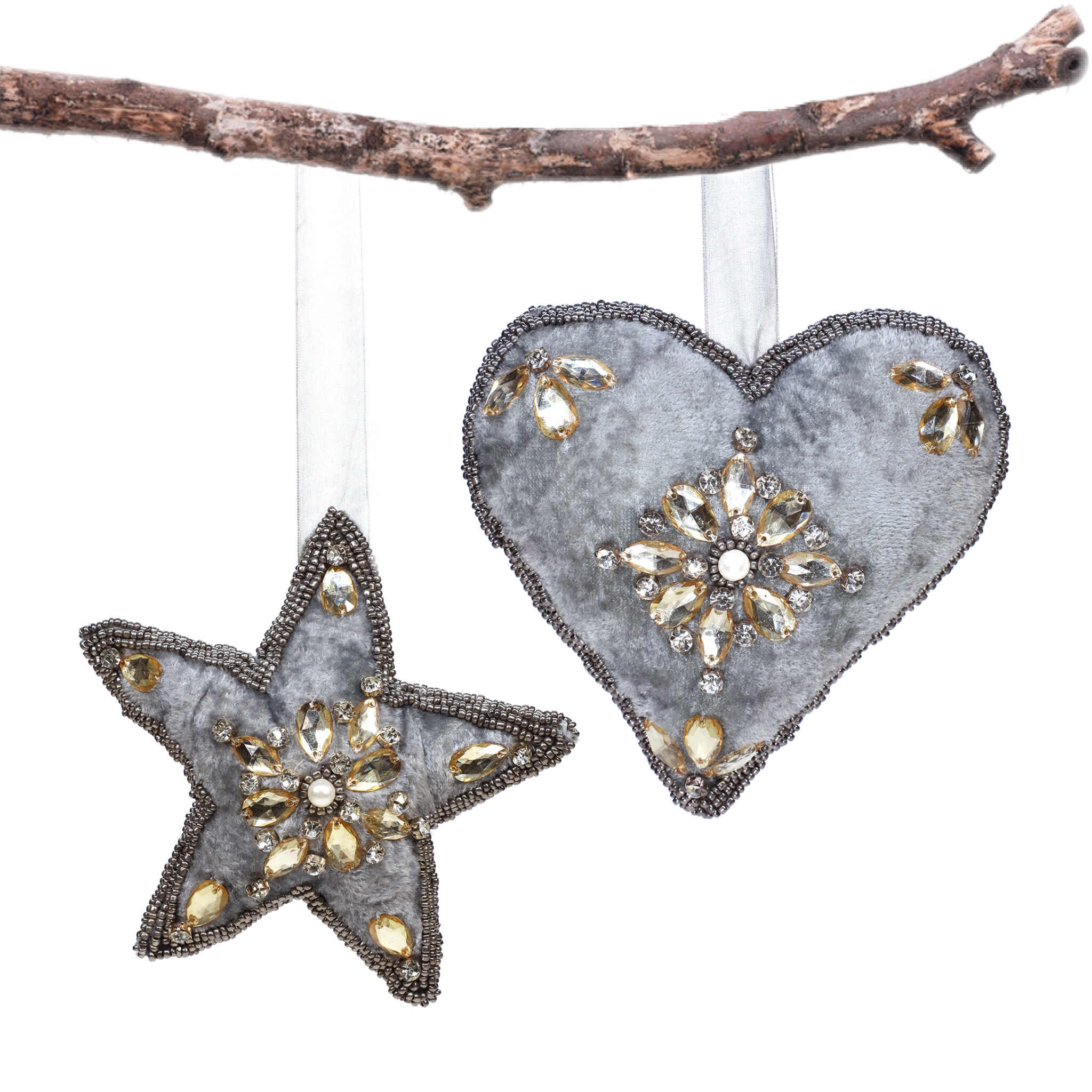 Sugar & Spice Bead Embroidered Plush Hanging in Grey & Gold, Set of 2