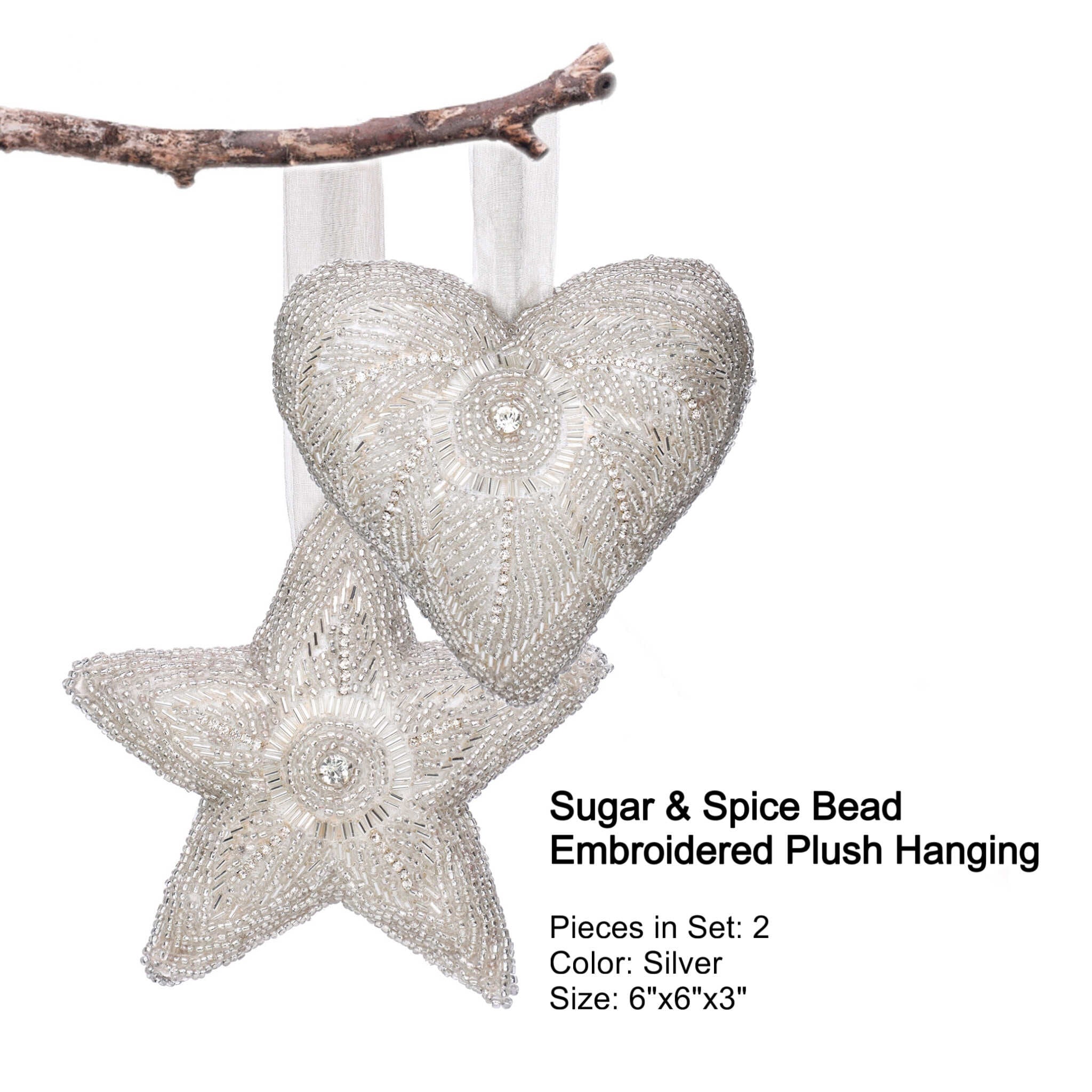 Sugar & Spice Bead Embroidered Plush Hanging in Silver, Set of 2