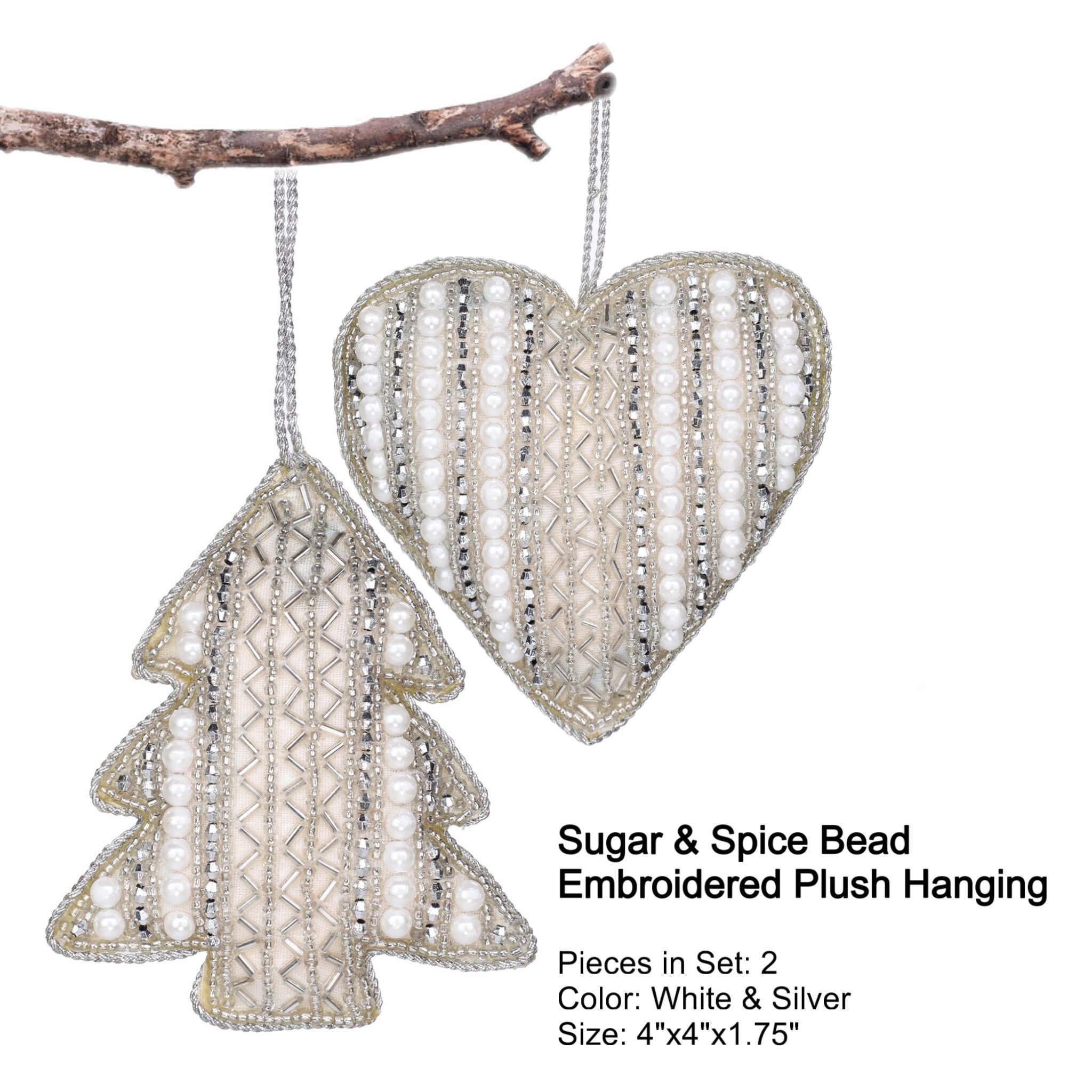 Sugar & Spice Bead Embroidered Plush Hanging in White & Silver, Set of 2
