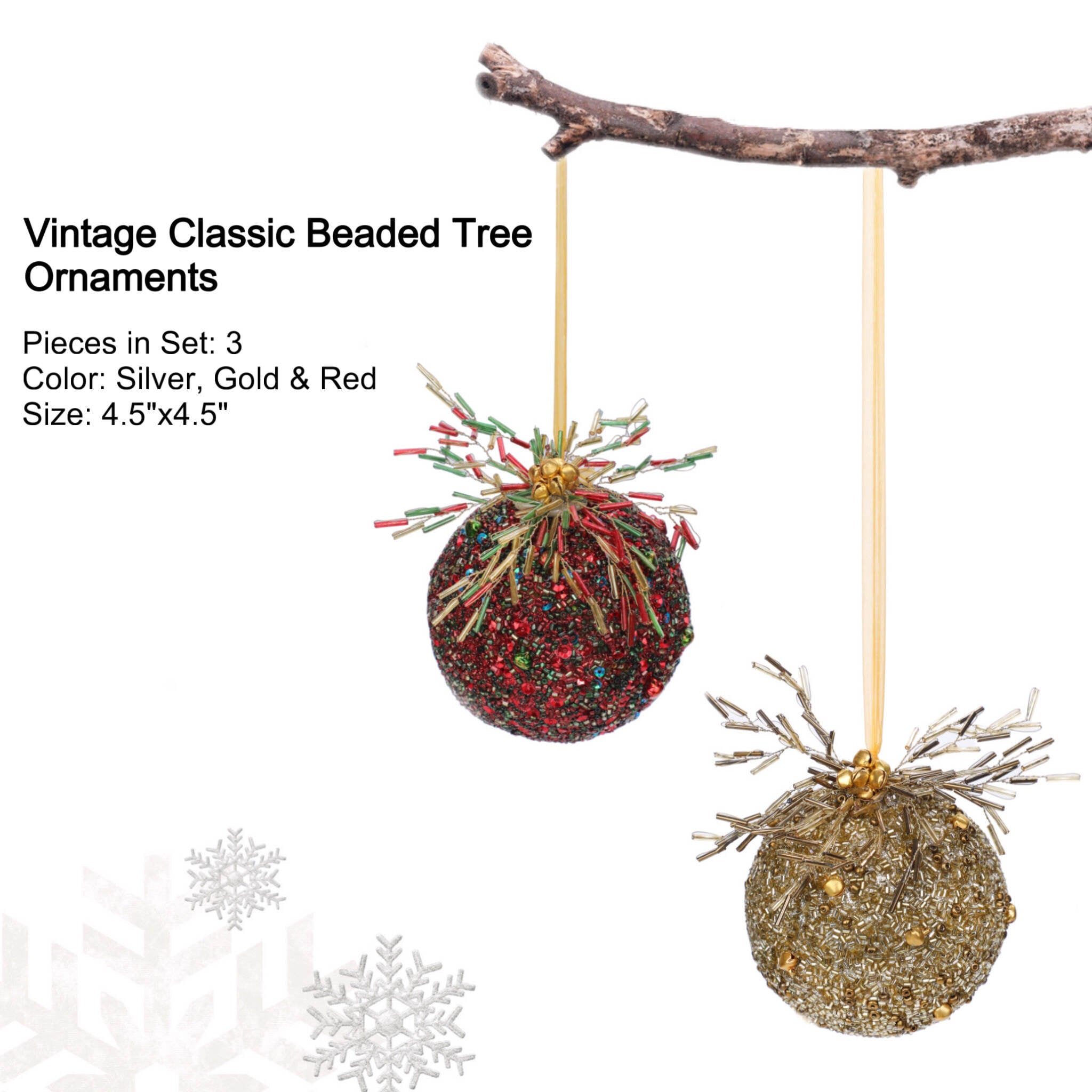 Vintage Classic Beaded Tree Ornaments in Red, Gold & Silver, Boxed Set of 3
