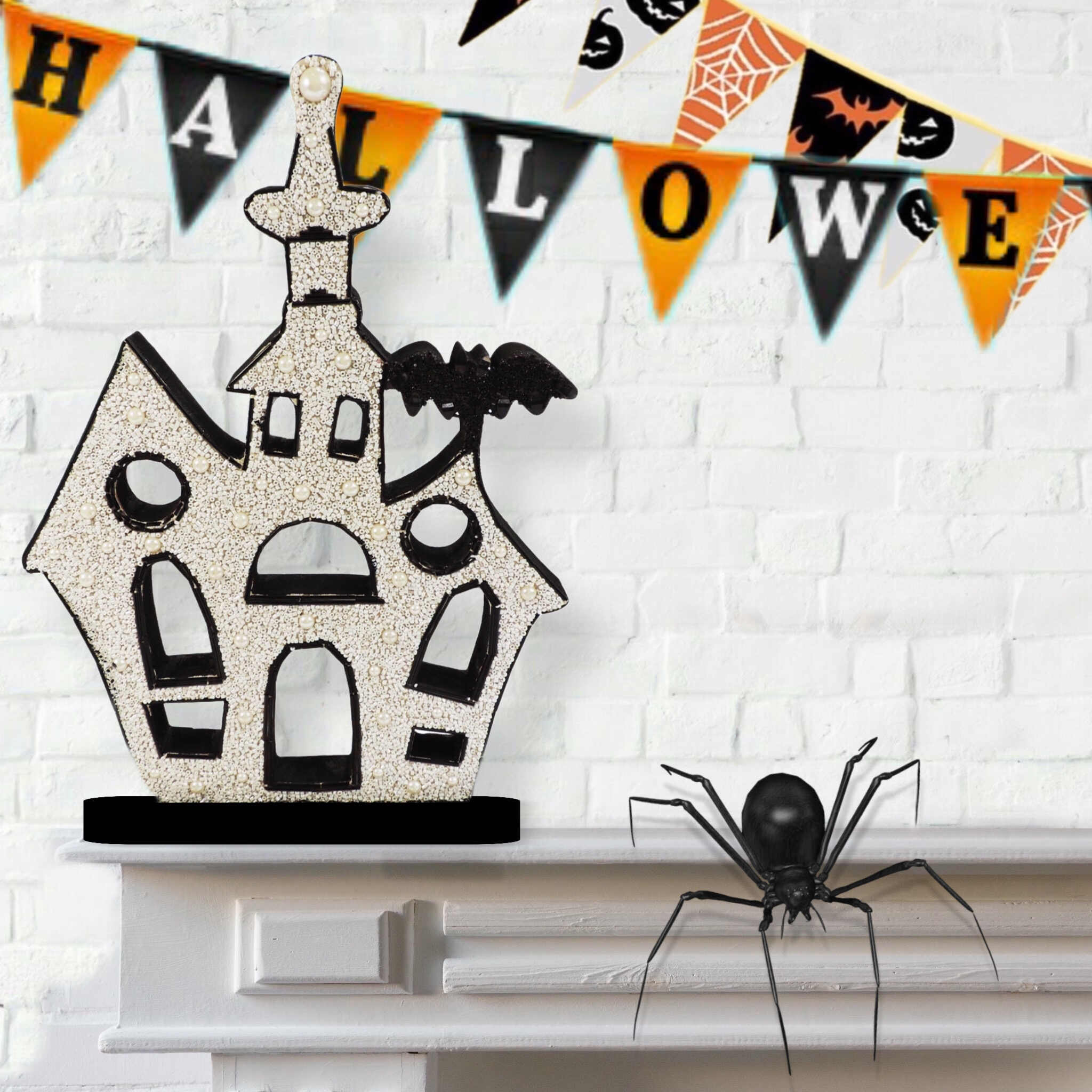 Haunted House Beaded Table Decor in White & Black