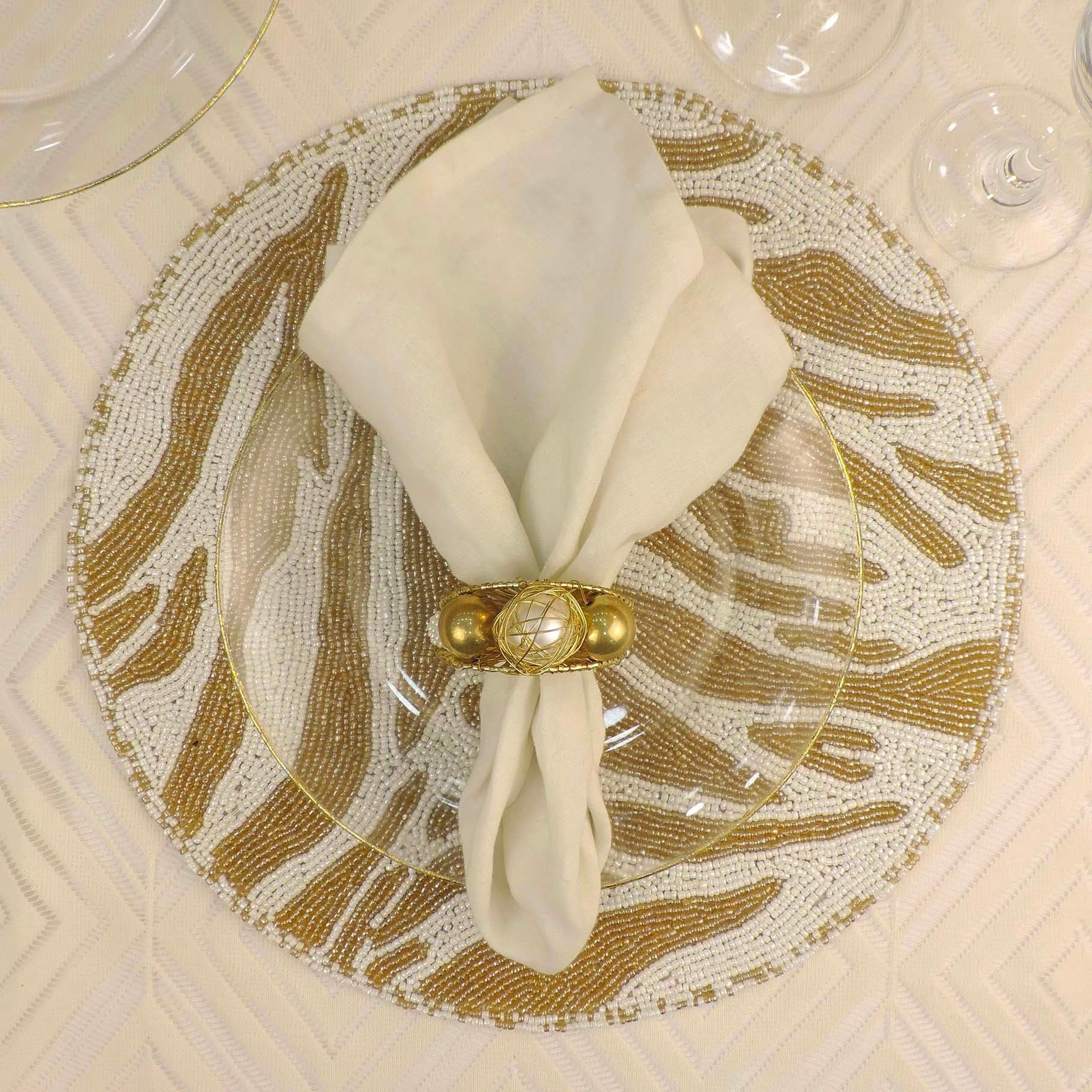Modern Camo Glass Beaded Table Setting for 4 - Gold & Cream (Pearl)