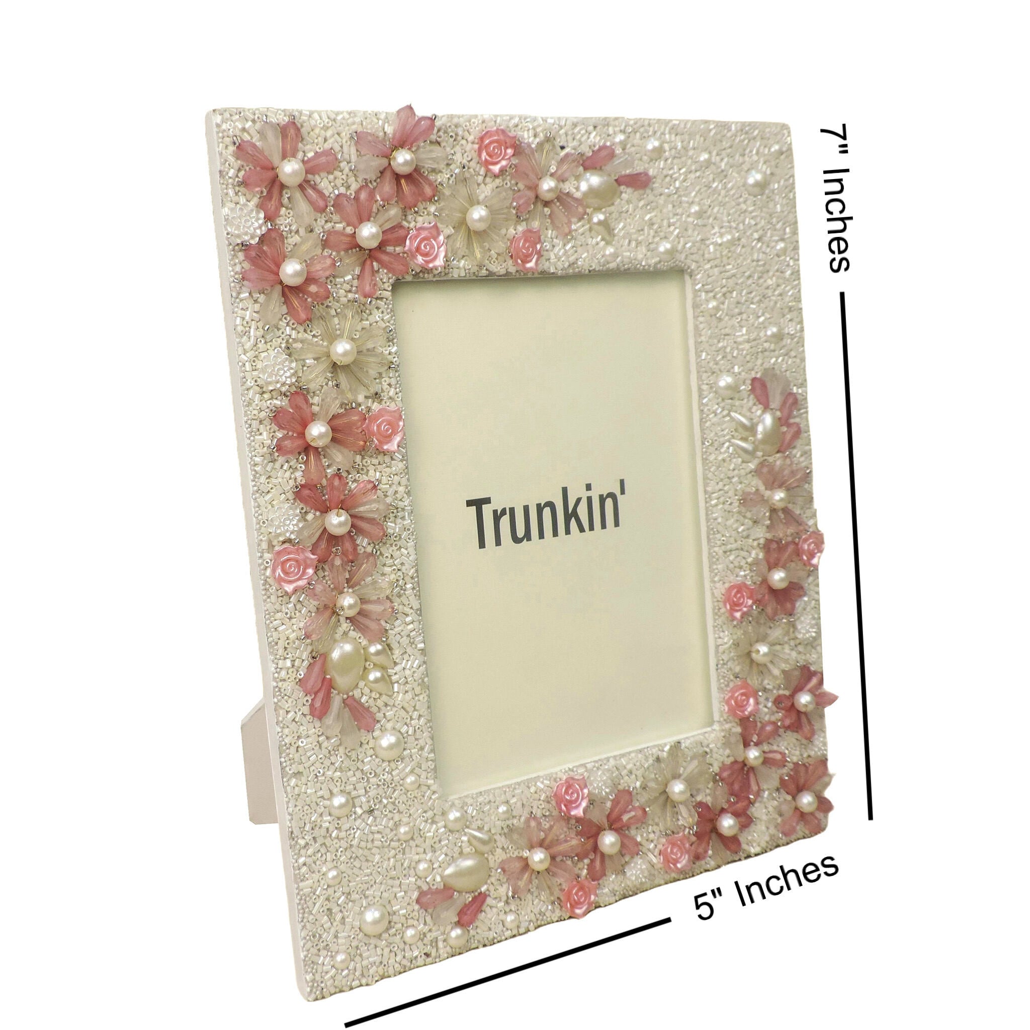 Floral Beaded Photo Frame in White Pink