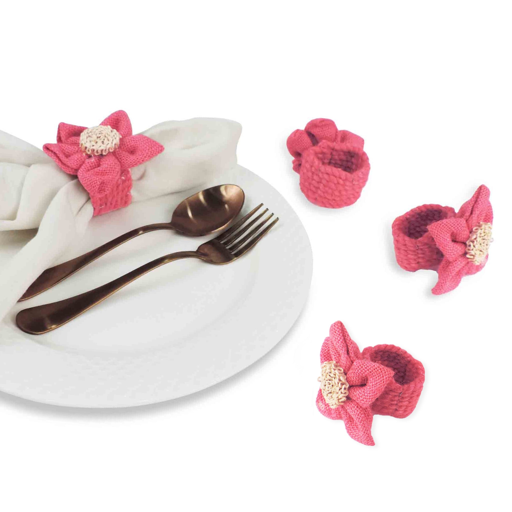 Jute Posy Napkin Ring in Pink, Set of 4