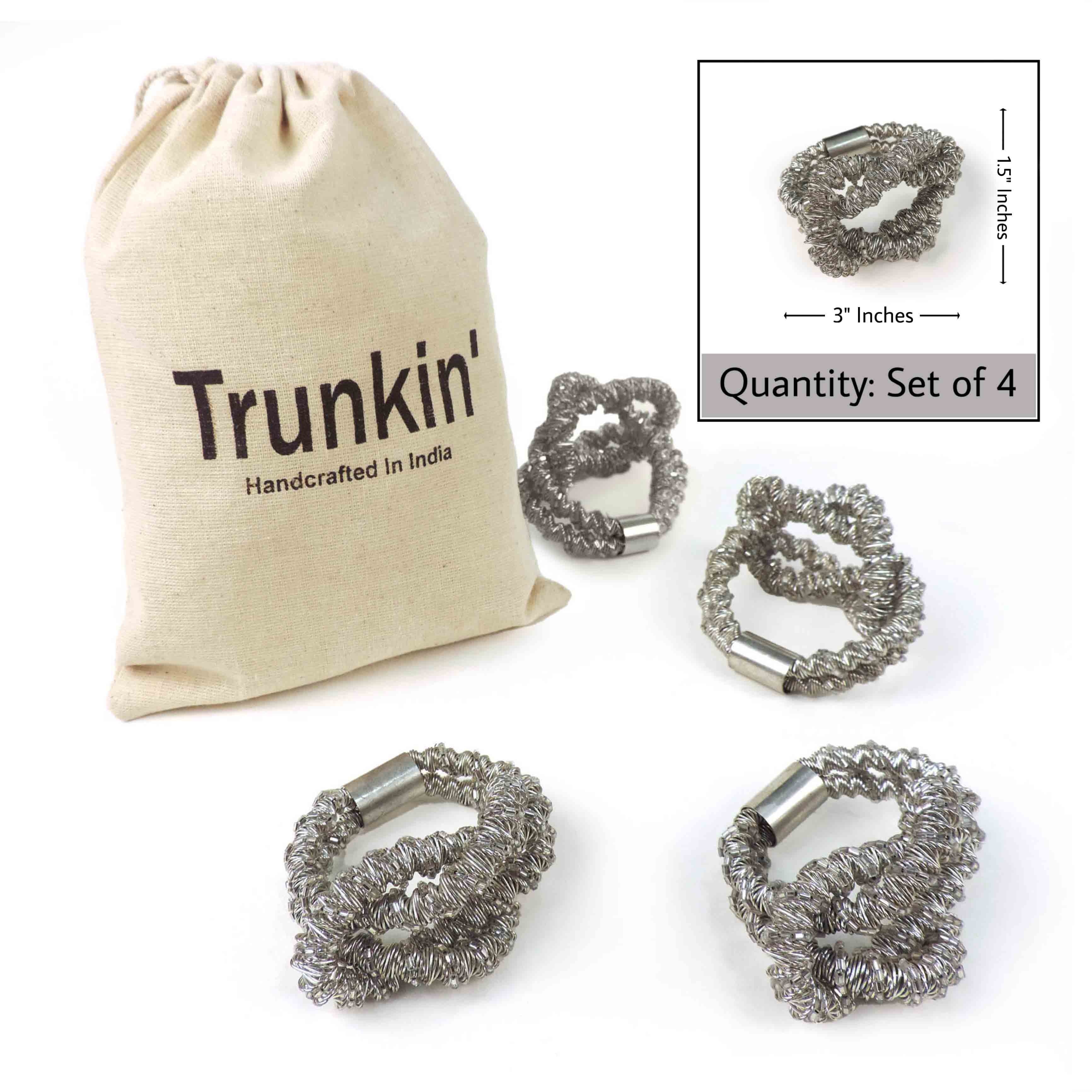 Square Knot Beaded Napkin Ring in Silver, Set of 4