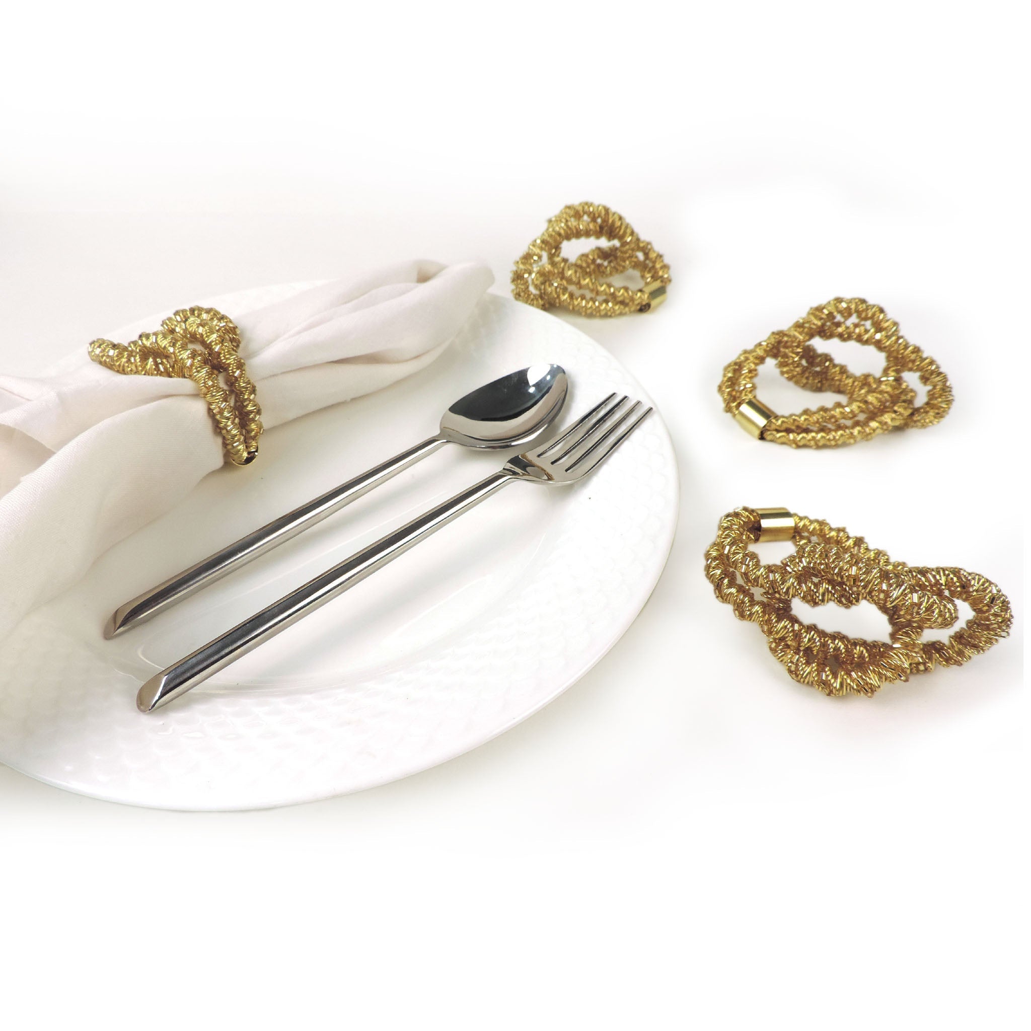 Square Knot Beaded Napkin Ring in Gold, Set of 4