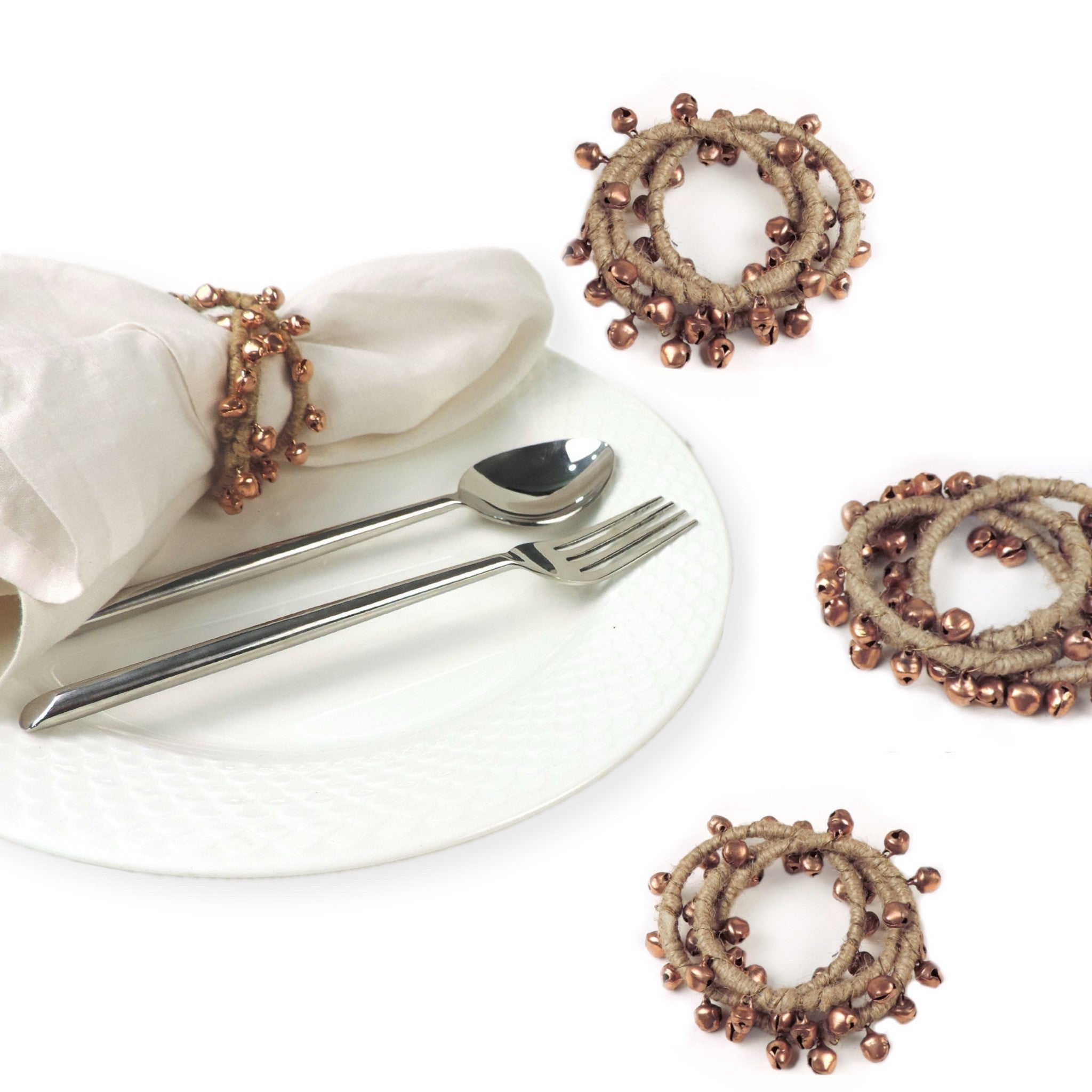 With Bells On Natural Jute Napkin Ring in Copper, Set of 4