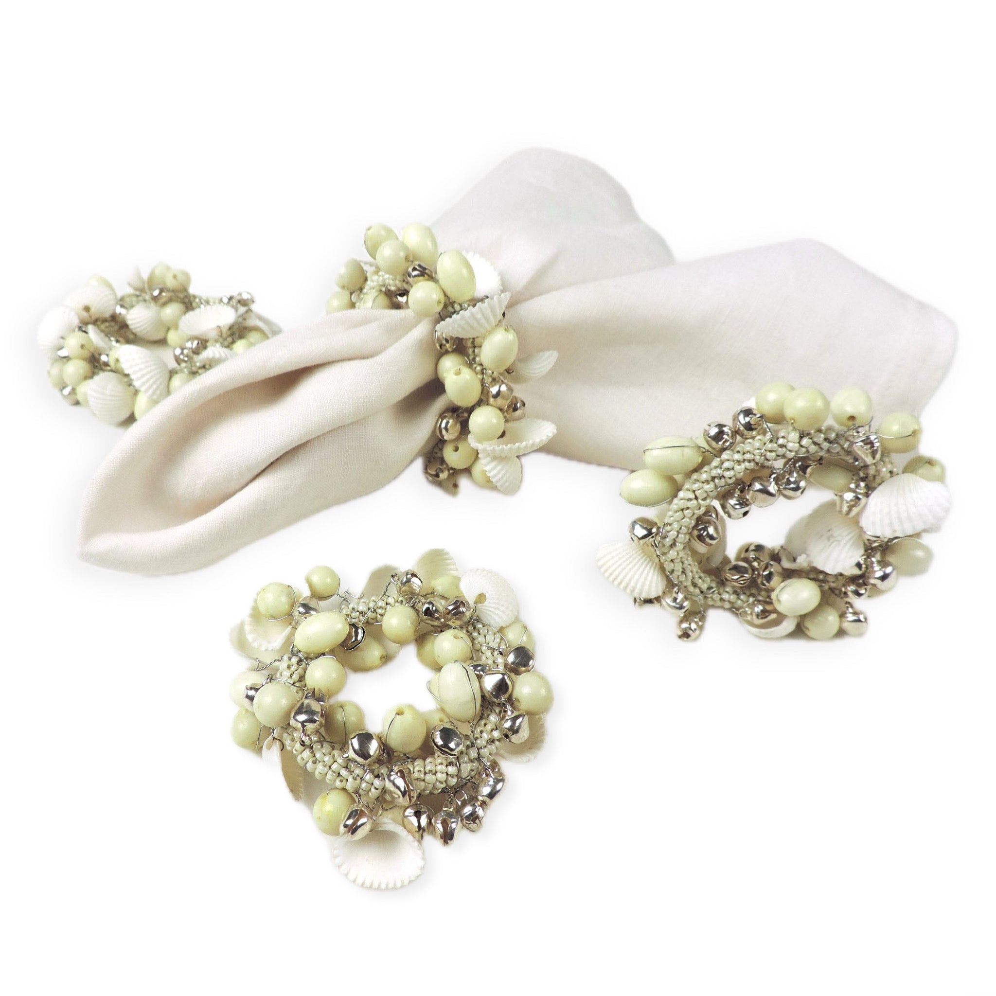 Boho Shell & Bead Napkin Ring in White, Set of 4