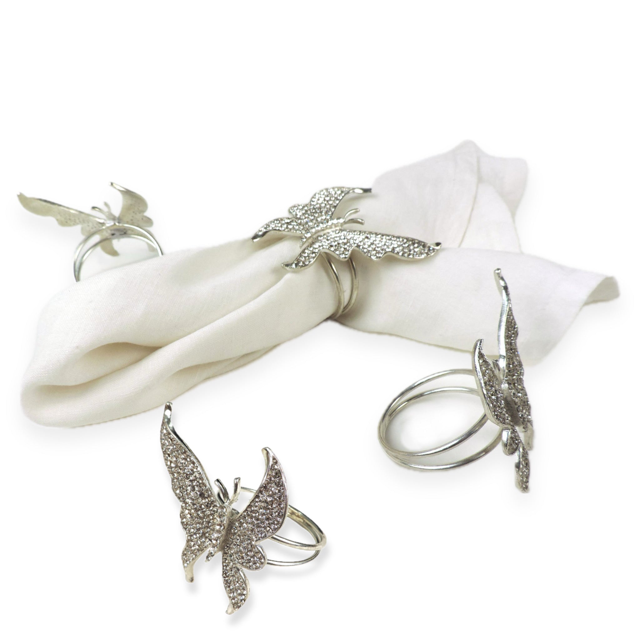 Jeweled Butterfly Napkin Ring in Silver, Set of 4