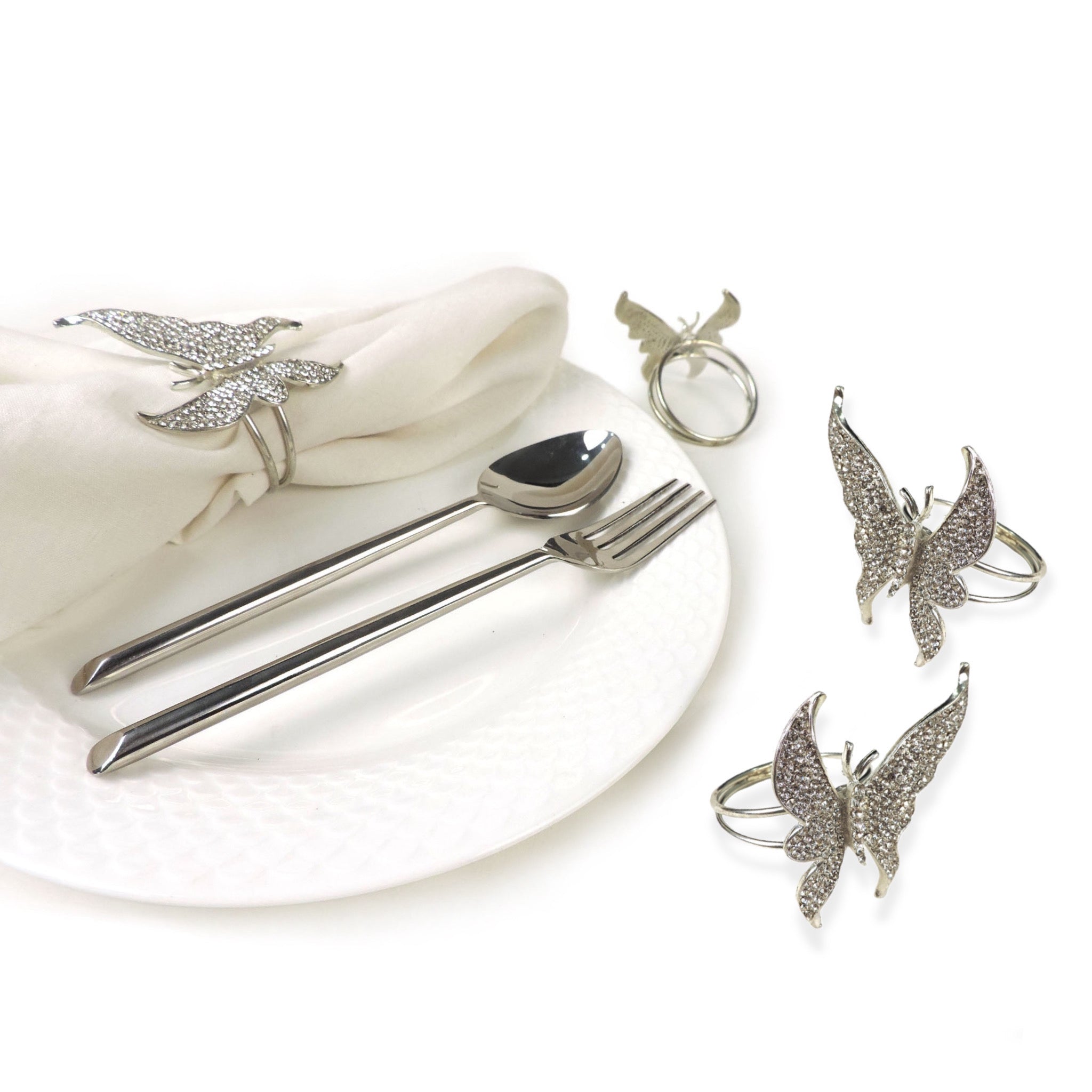 Jeweled Butterfly Napkin Ring in Silver, Set of 4