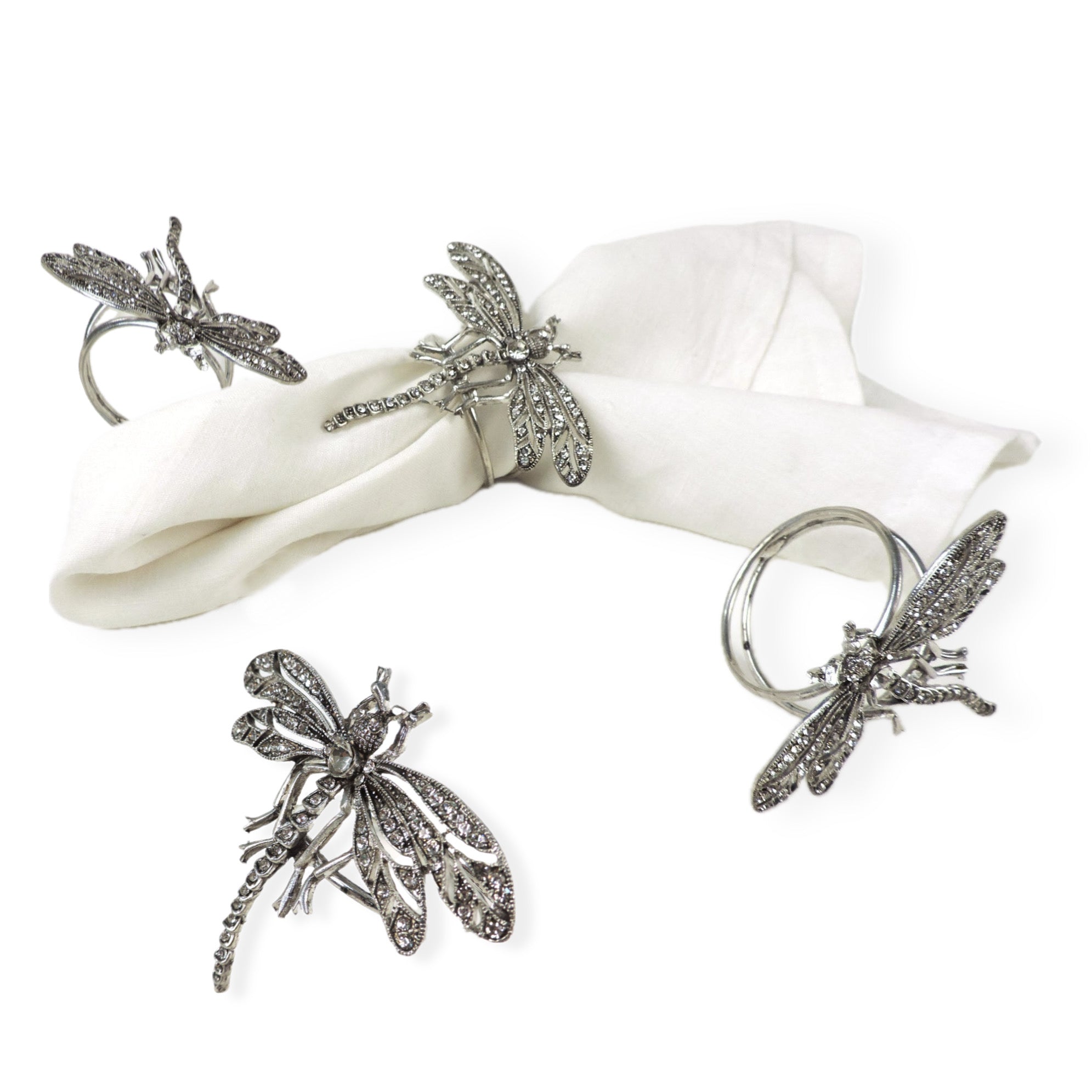 Jeweled Dragonfly Napkin Ring in Silver, Set of 4