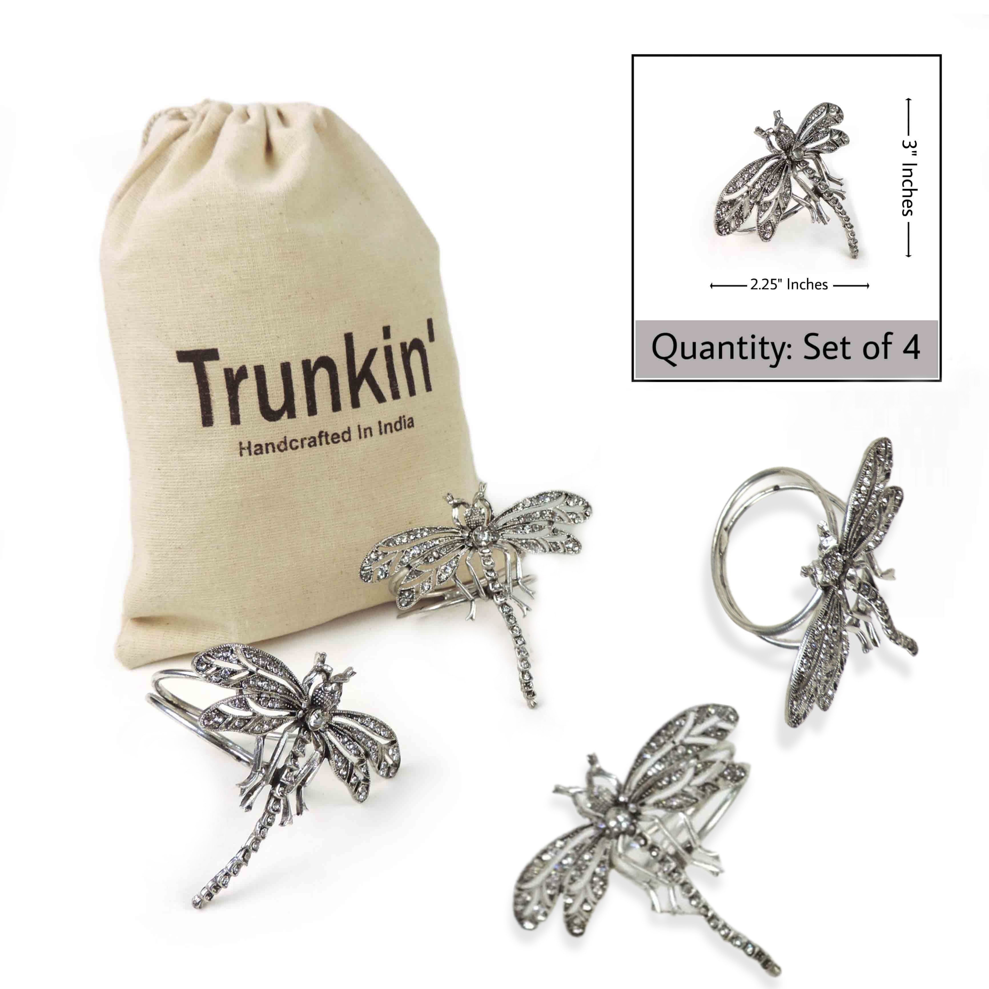 Jeweled Dragonfly Napkin Ring in Silver, Set of 4