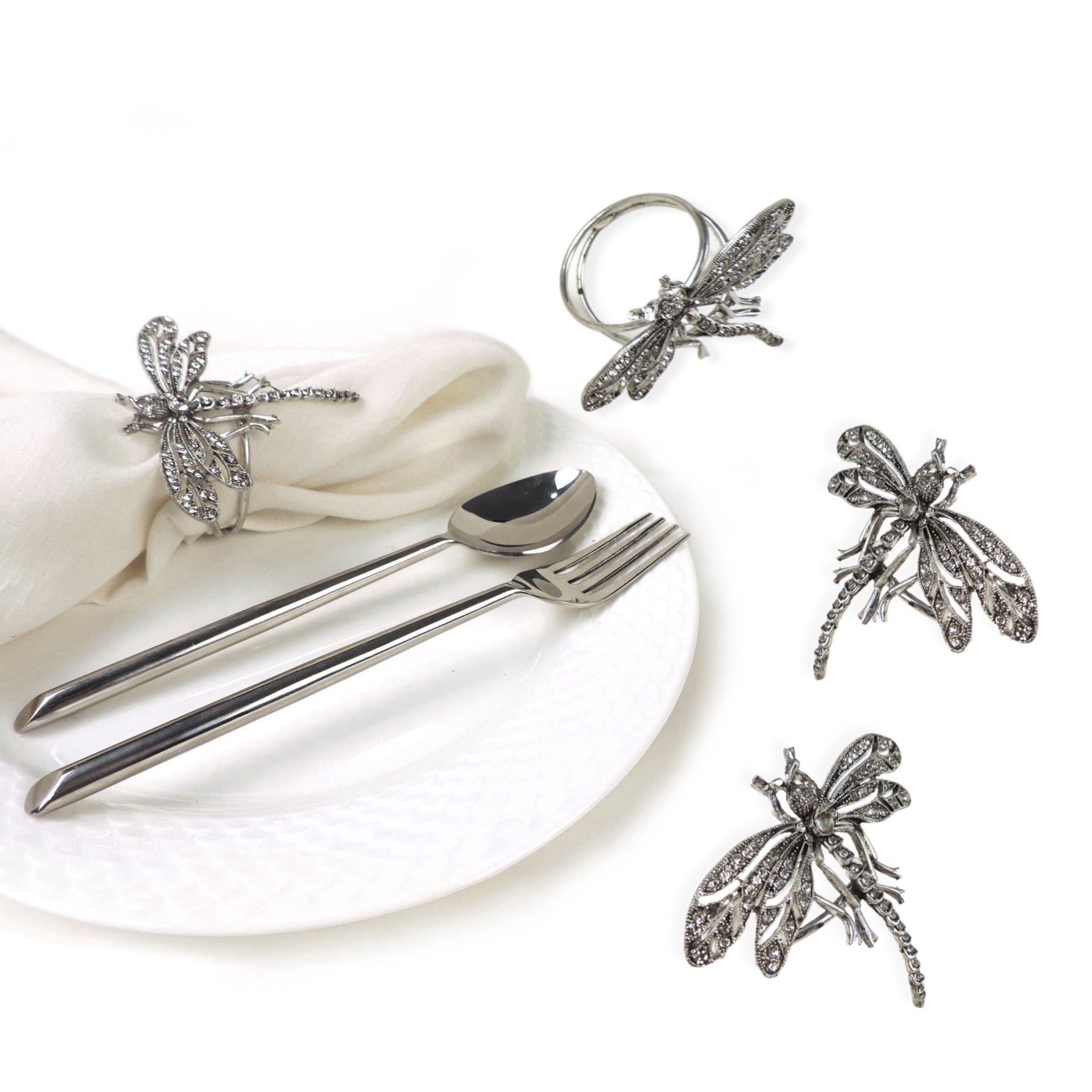 Jeweled Dragonfly Napkin Ring in Silver, Set of 4