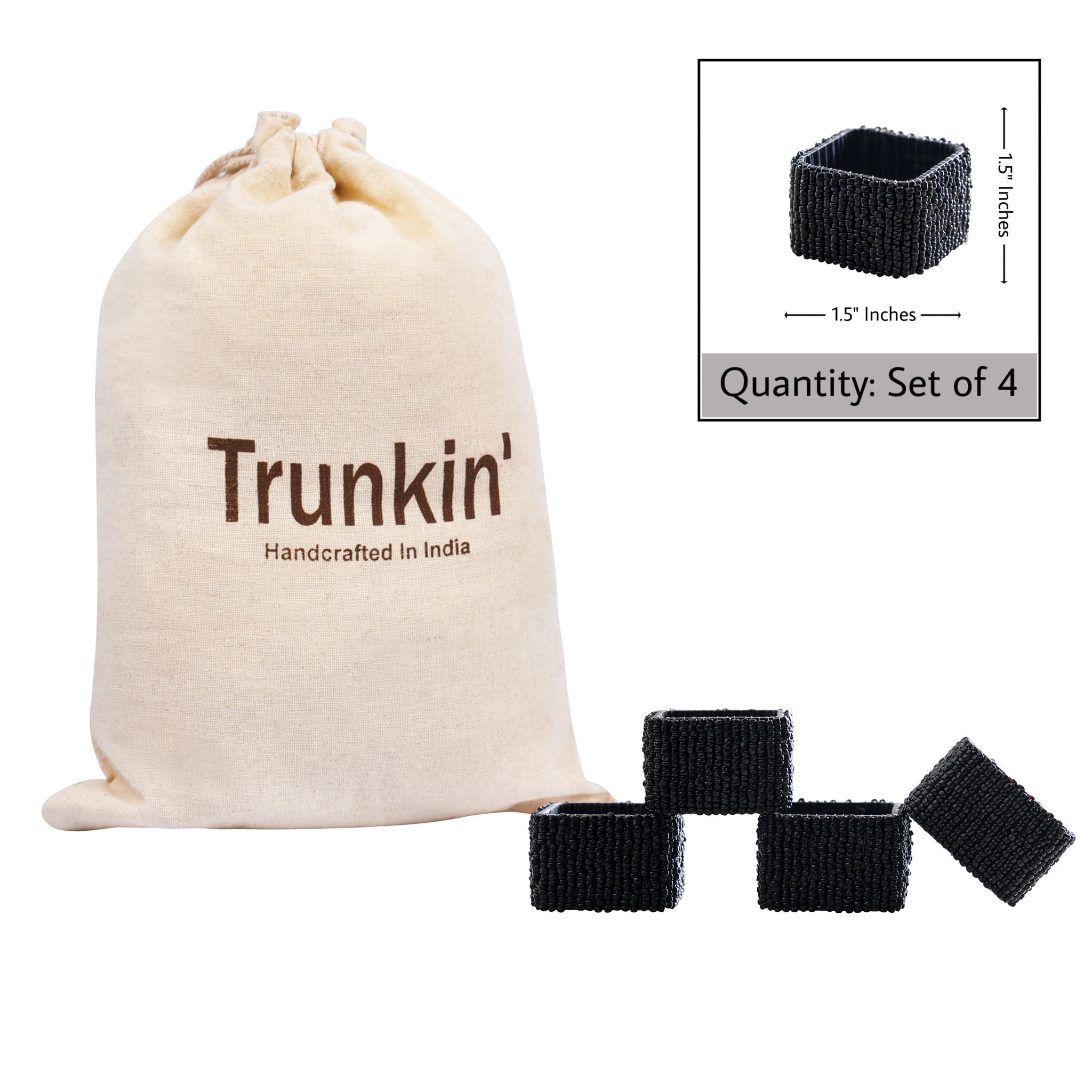 Classic Square Napkin Ring in Black, Set of 4