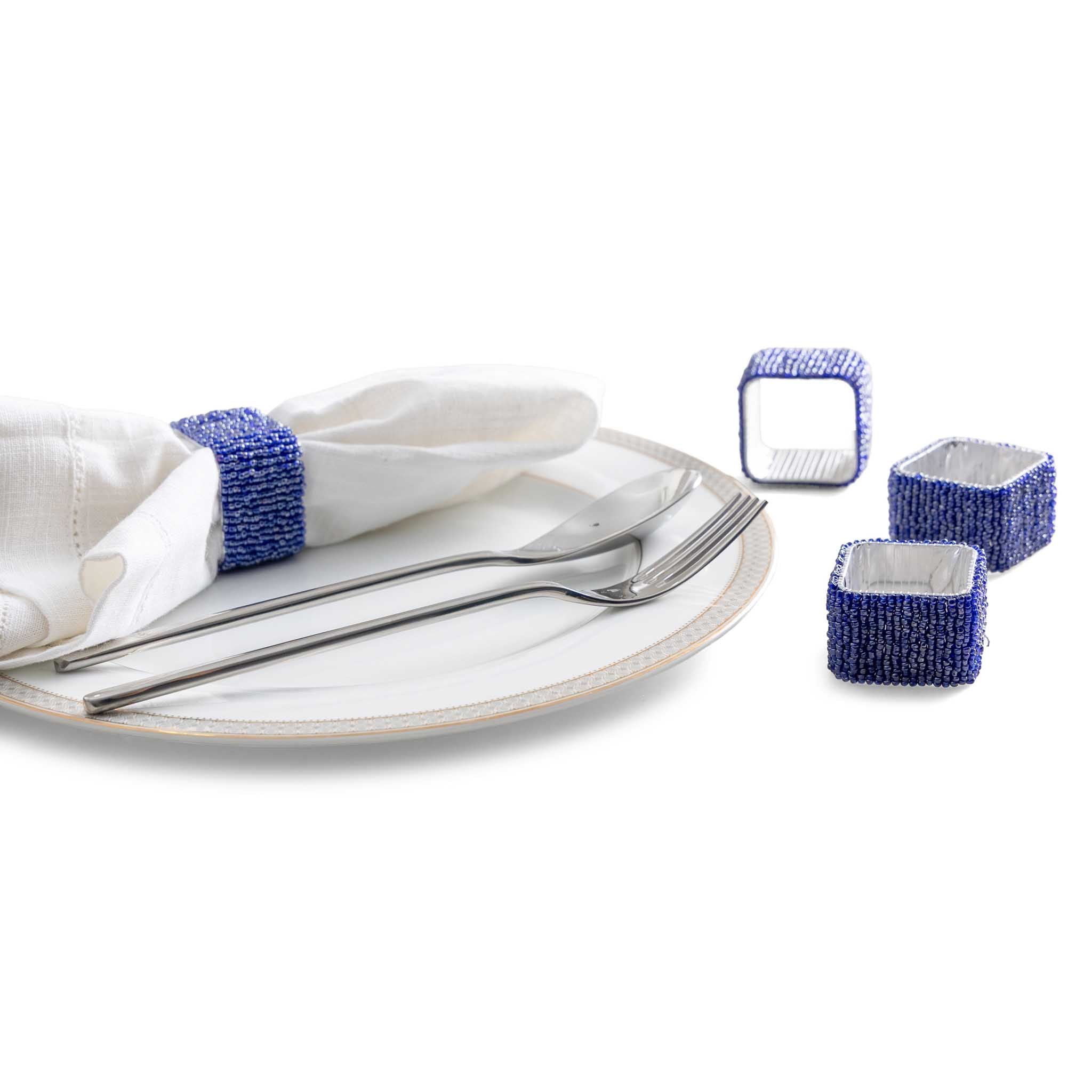 Classic Square Napkin Ring in Blue, Set of 4