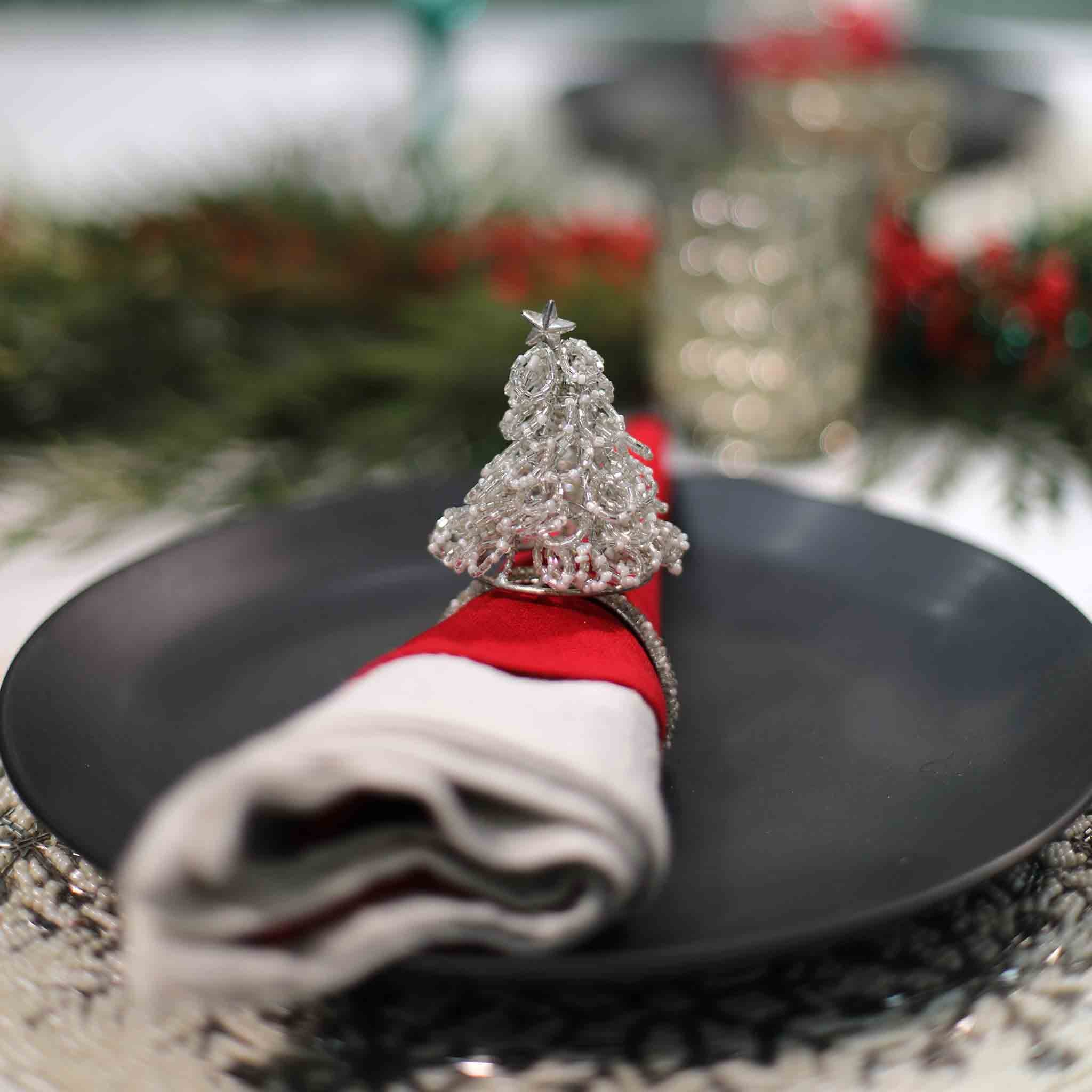 Yule Tree Christmas Napkin Ring in Silver & Cream, Set of 4