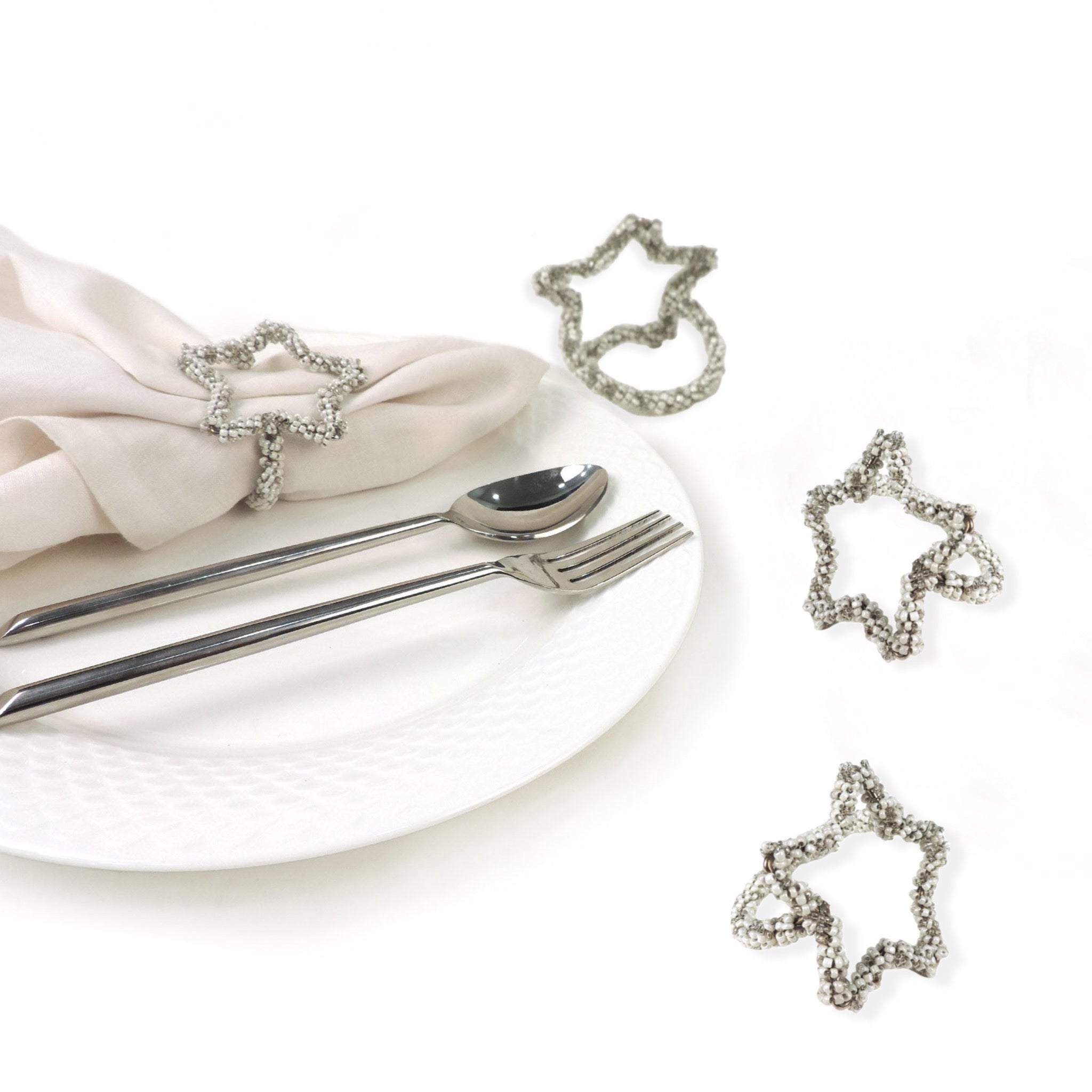 Christmas Star Napkin Ring in Cream & Silver, Set of 4