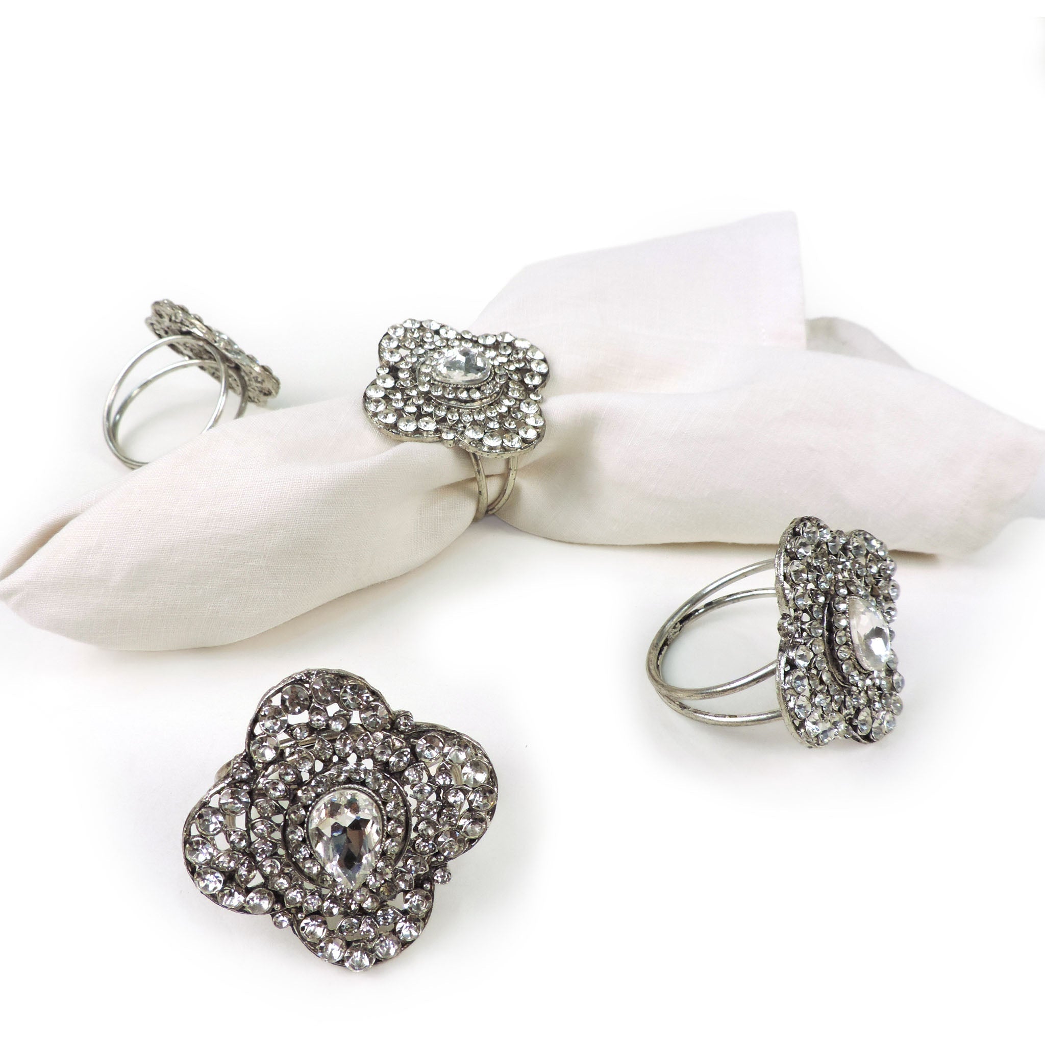 Gemstone Embellished Napkin Ring in Silver, Set of 4