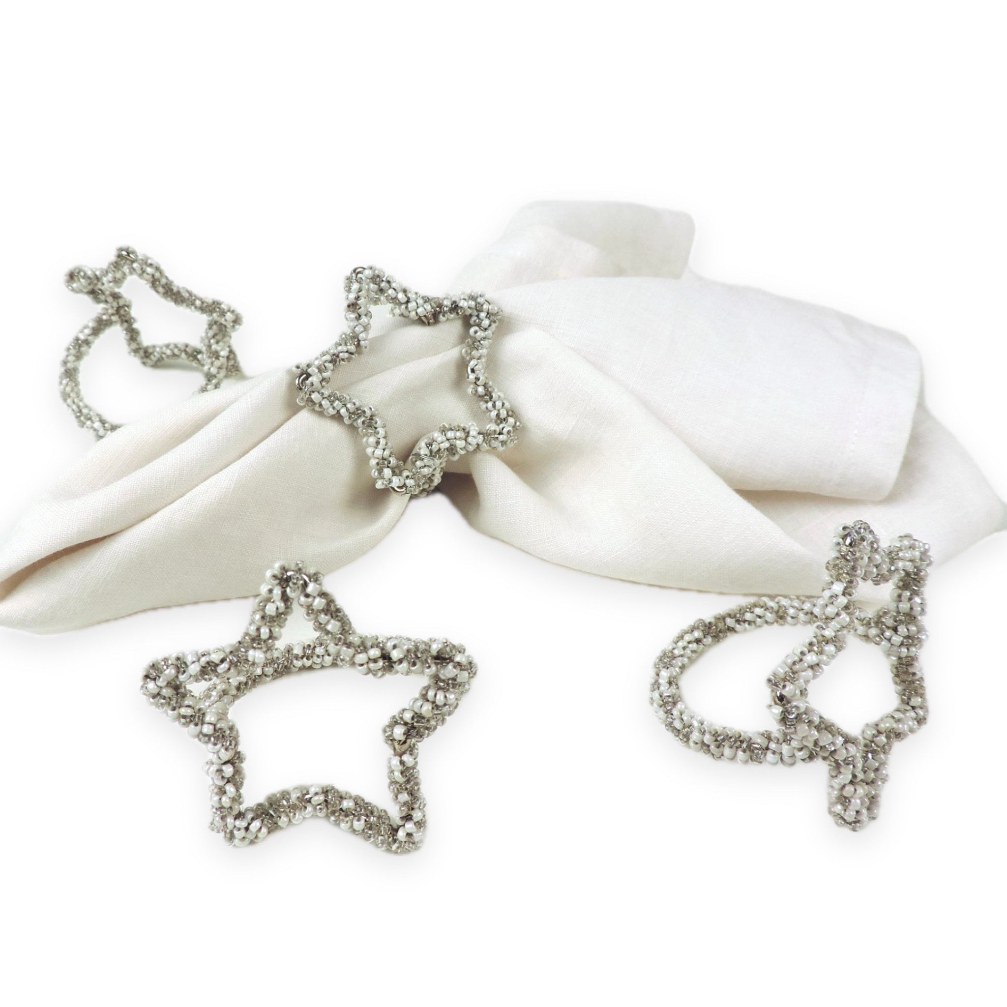 Christmas Star Napkin Ring in Cream & Silver, Set of 4