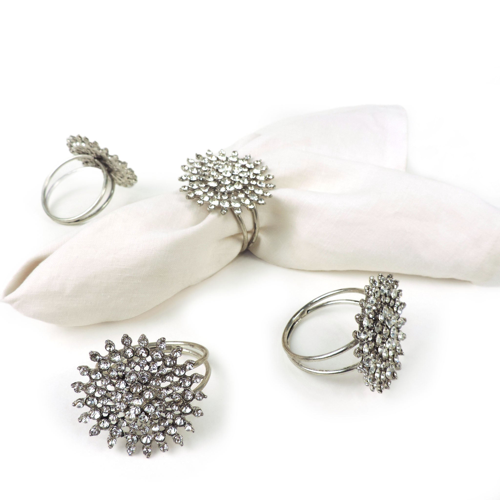 Bold & Beautiful Jeweled Napkin Ring in Silver, Set of 4