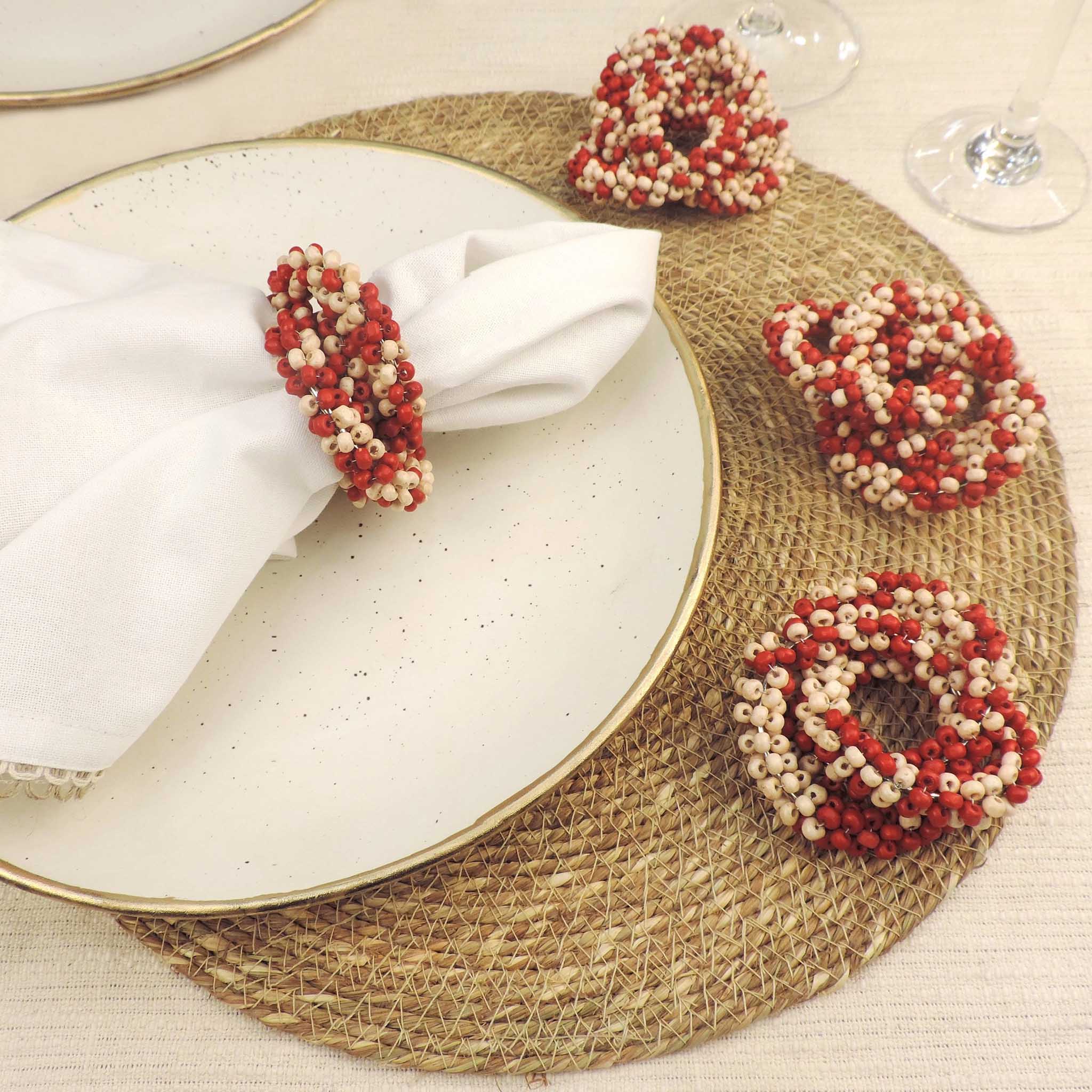 Hand Beaded Wooden Napkin Ring in Red & Cream, Set of 4