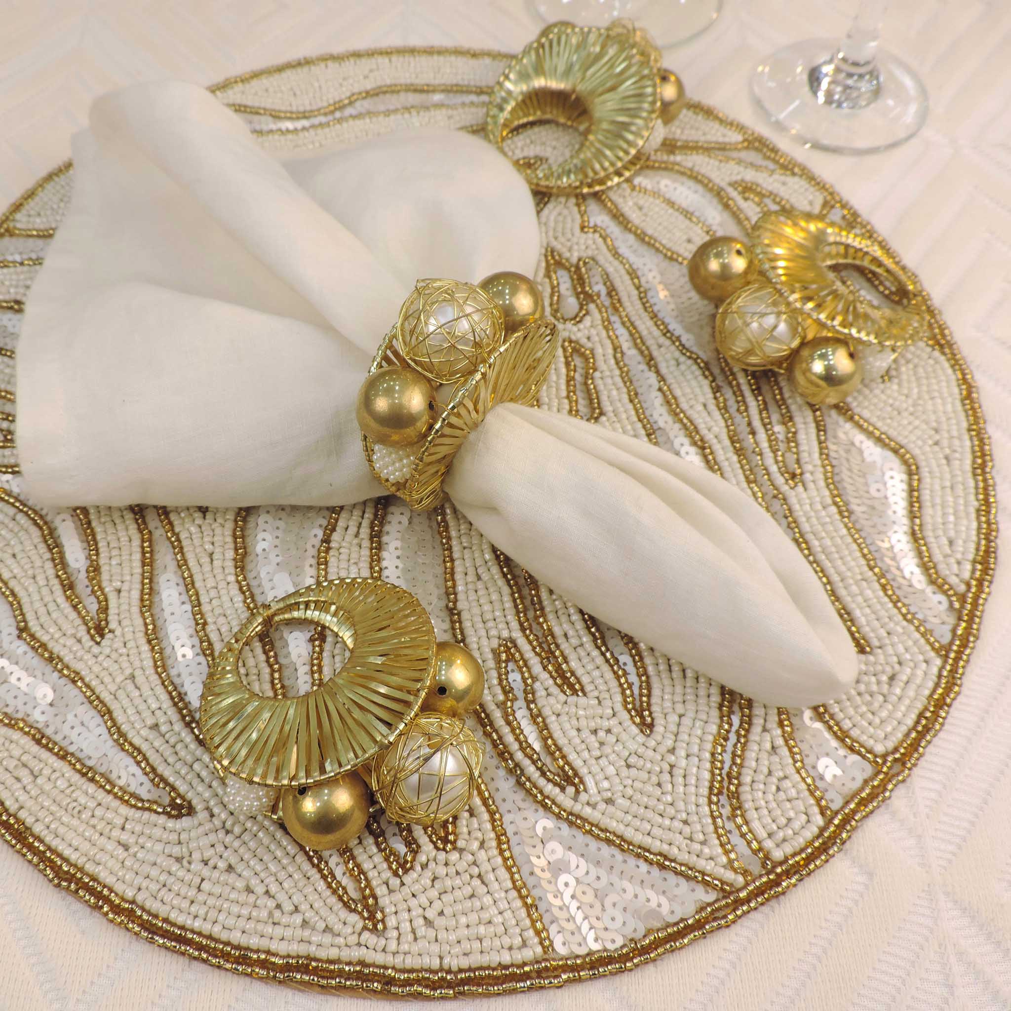 Pearl Bead Napkin Ring in Gold & Cream, Set of 4