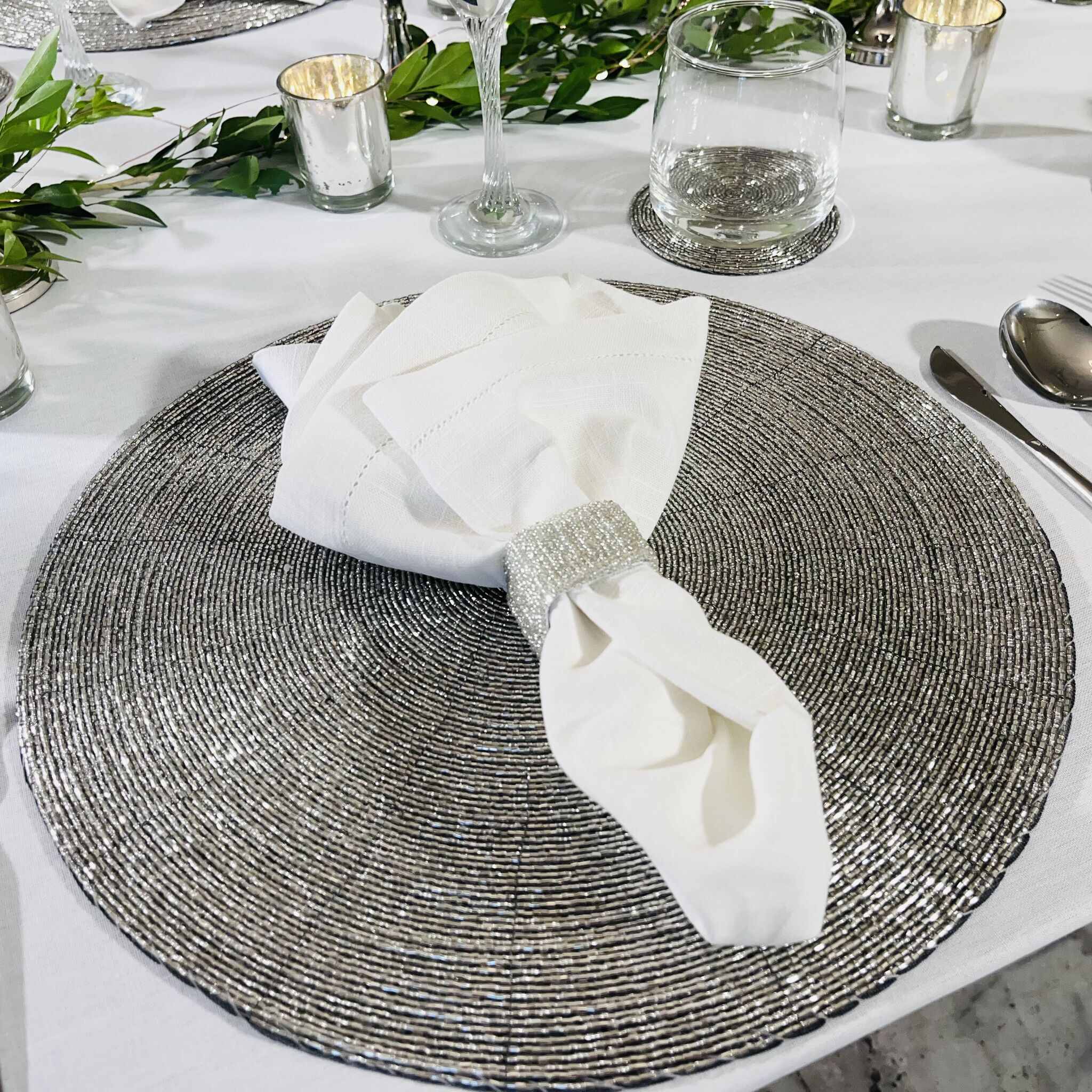 Glass Bead Placemat in Silver, Set of 4