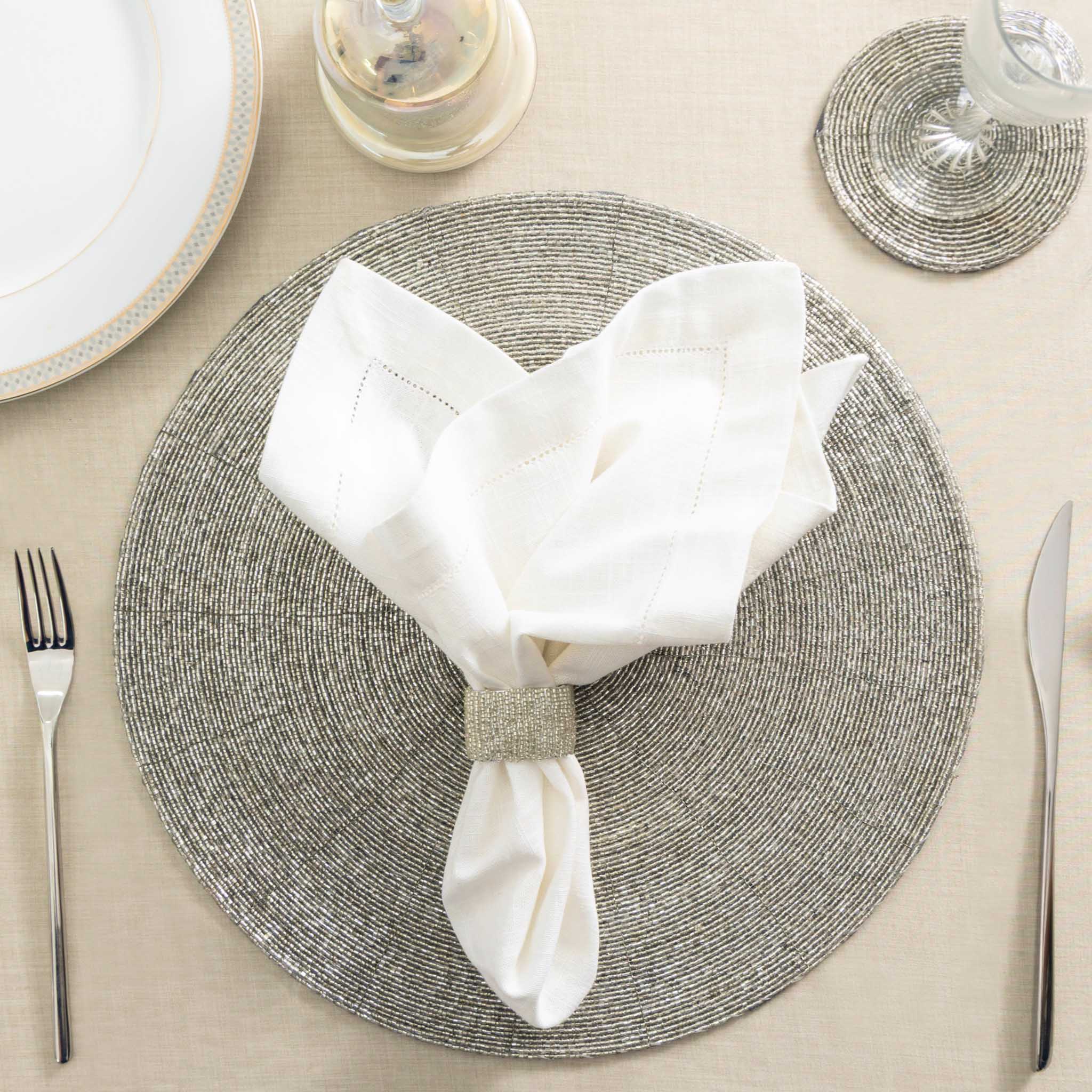 Glass Bead Placemat in Silver, Set of 4