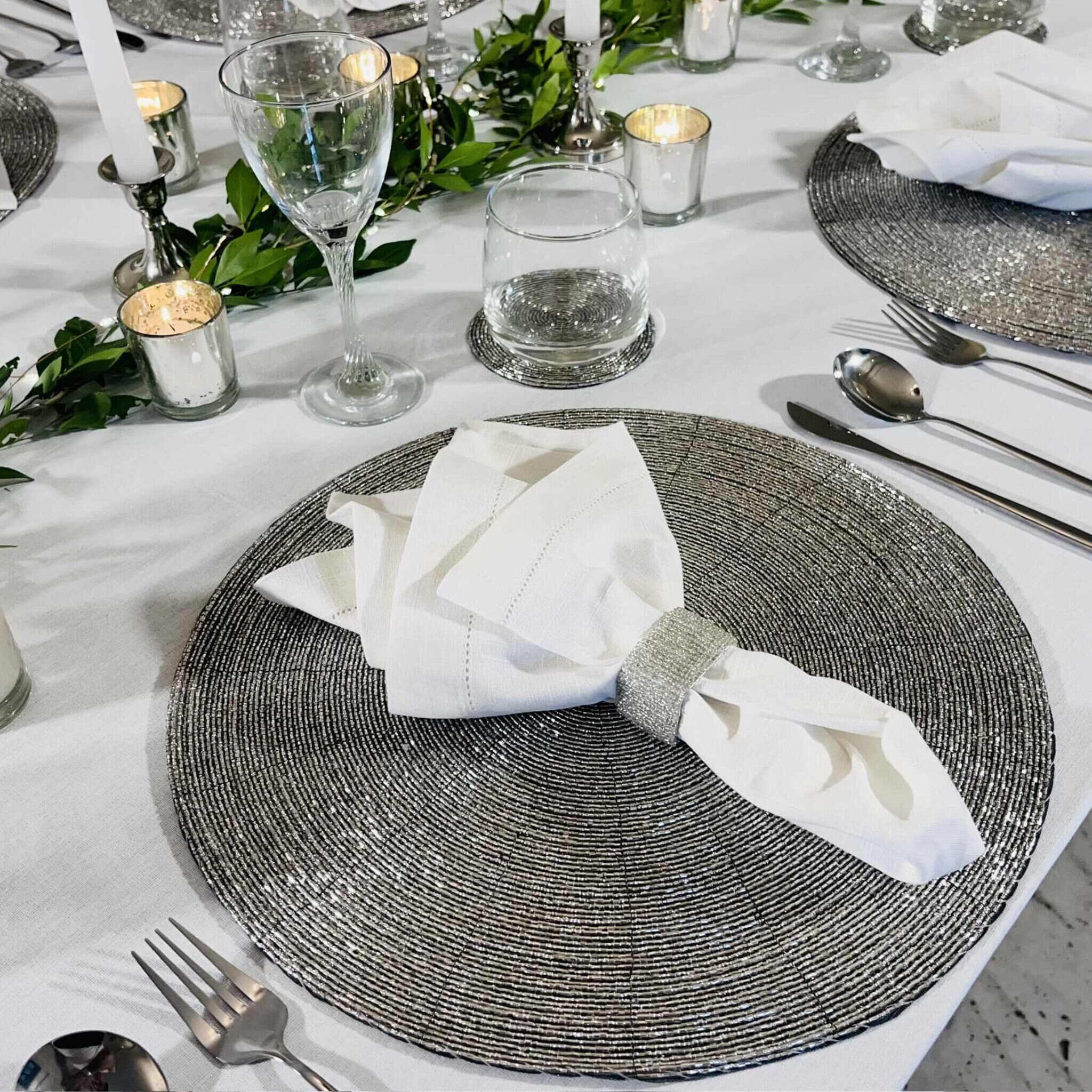 Glass Bead Placemat in Silver, Set of 4